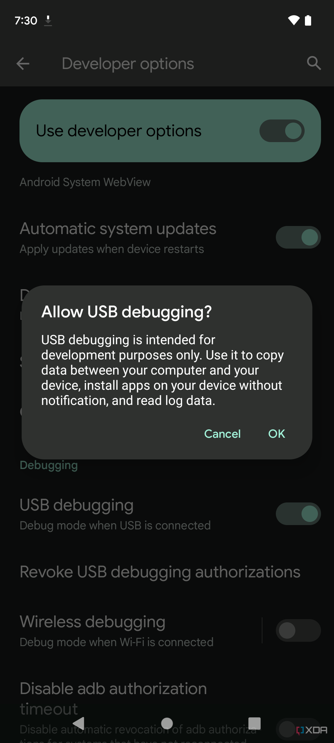 Allow USB debugging prompt on a Google Pixel phone