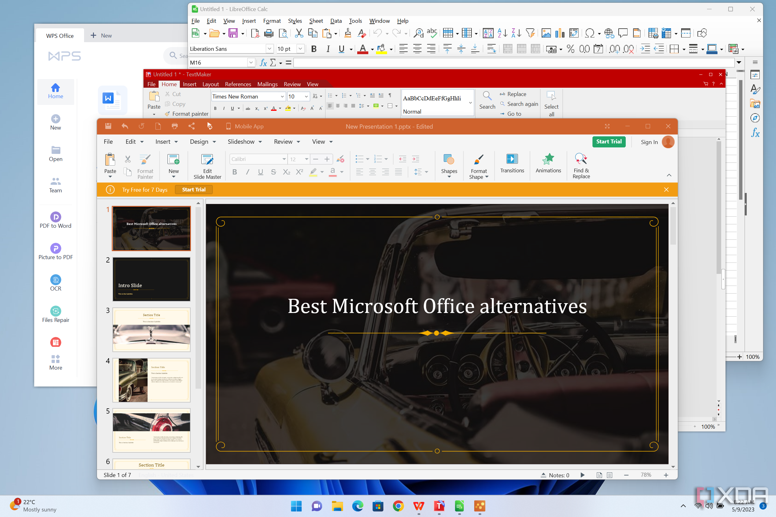 Screenshot of various Microsoft Office alternatives running on Window 11