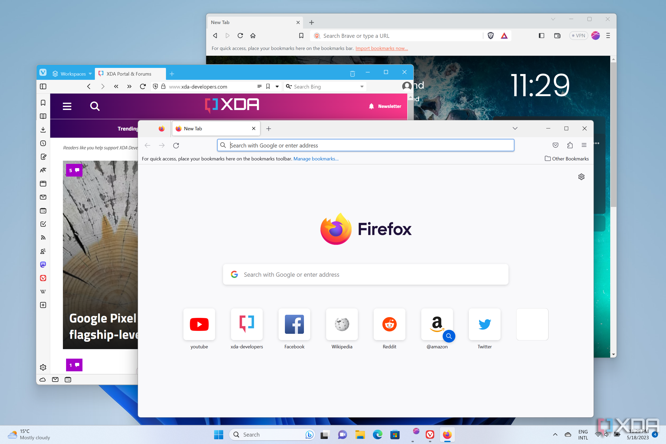 Screenshot of Windows 11 running Firefox, Vivaldi, and Brave browsers