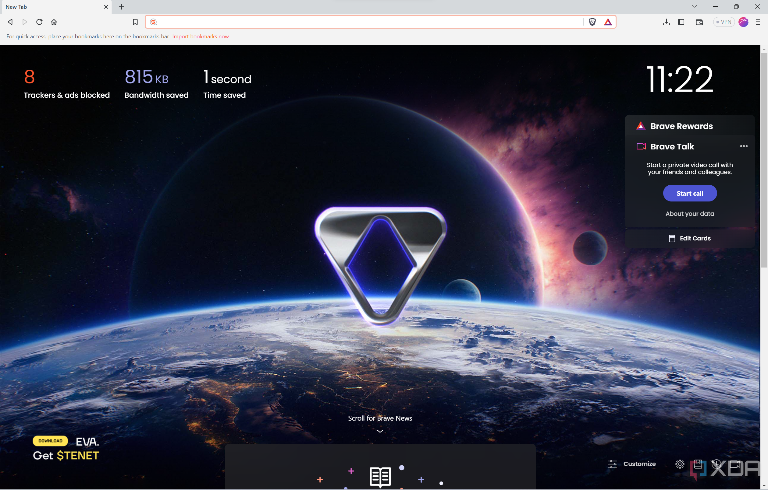Screenshot of the Brave browser homepage