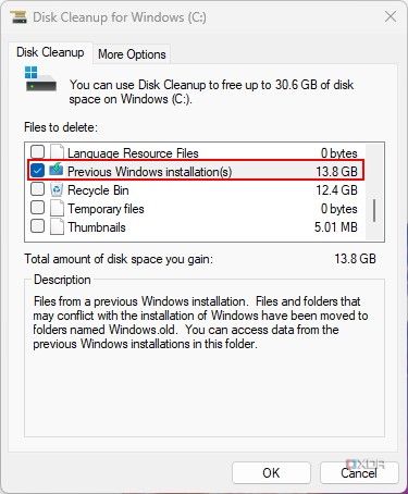 Screenshot of Disk cleanup with preview Windows installation files selected