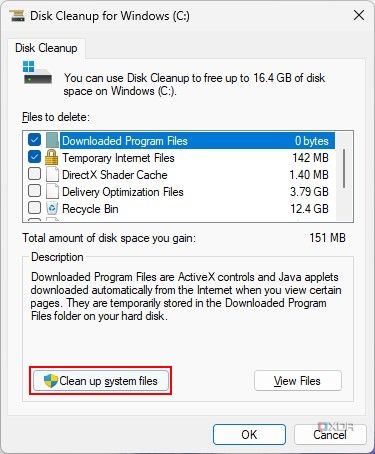 Screenshot of disk cleanup before scanning for system files