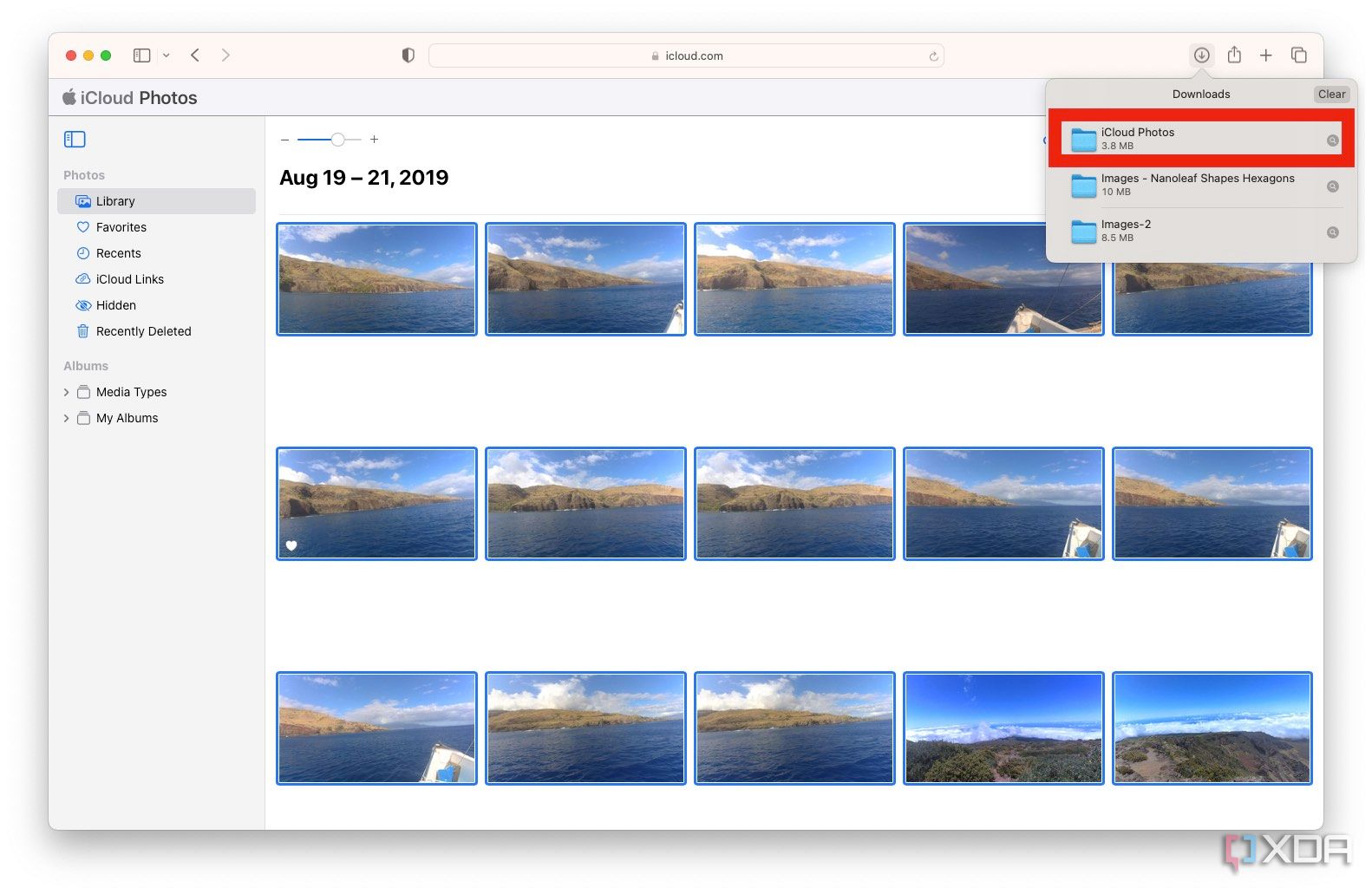 lista de downloads do safari mostrando a pasta iCloud Photos