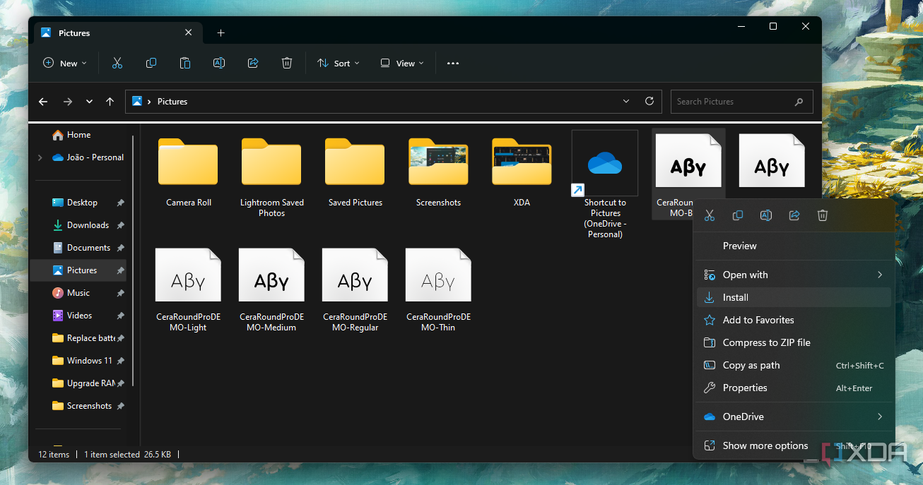 Screenshot of Windows 11 File Explorer with the option to install a font in the context menu. Folders also display a preview of their content.