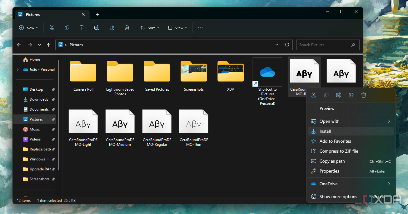 Screenshot of Windows 11 File Explorer with option to install a font in the context menu. Folders also show a preview of their content.