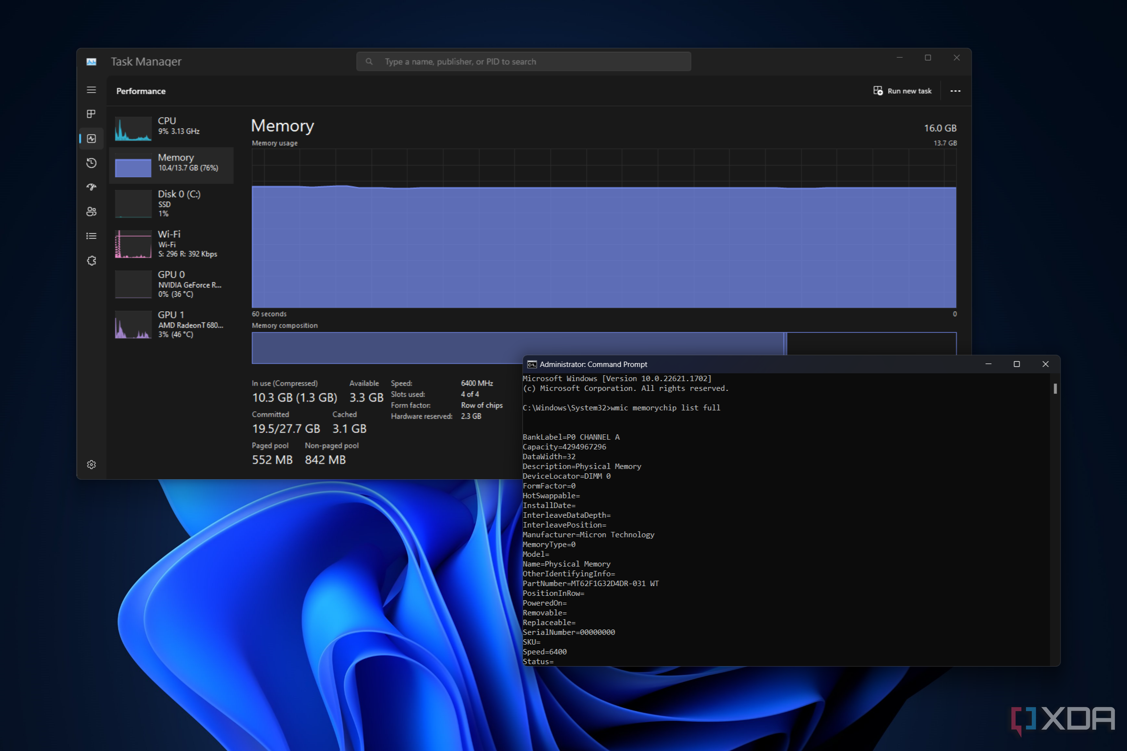 Screenshot of Task manager and Command Prompt on Windows 11 showing information about RAM specs