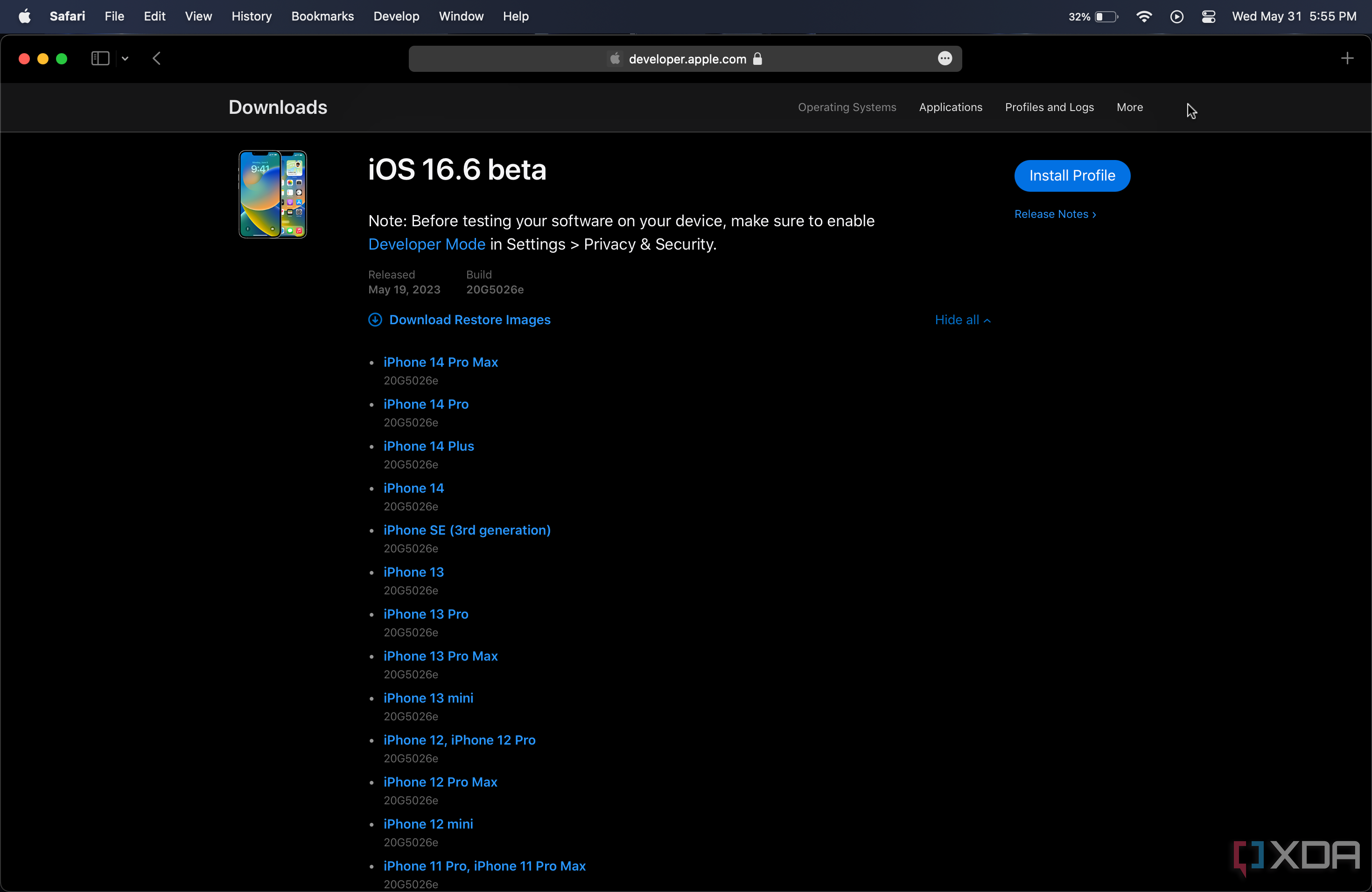 iOS beta restore images on Apple Developer website