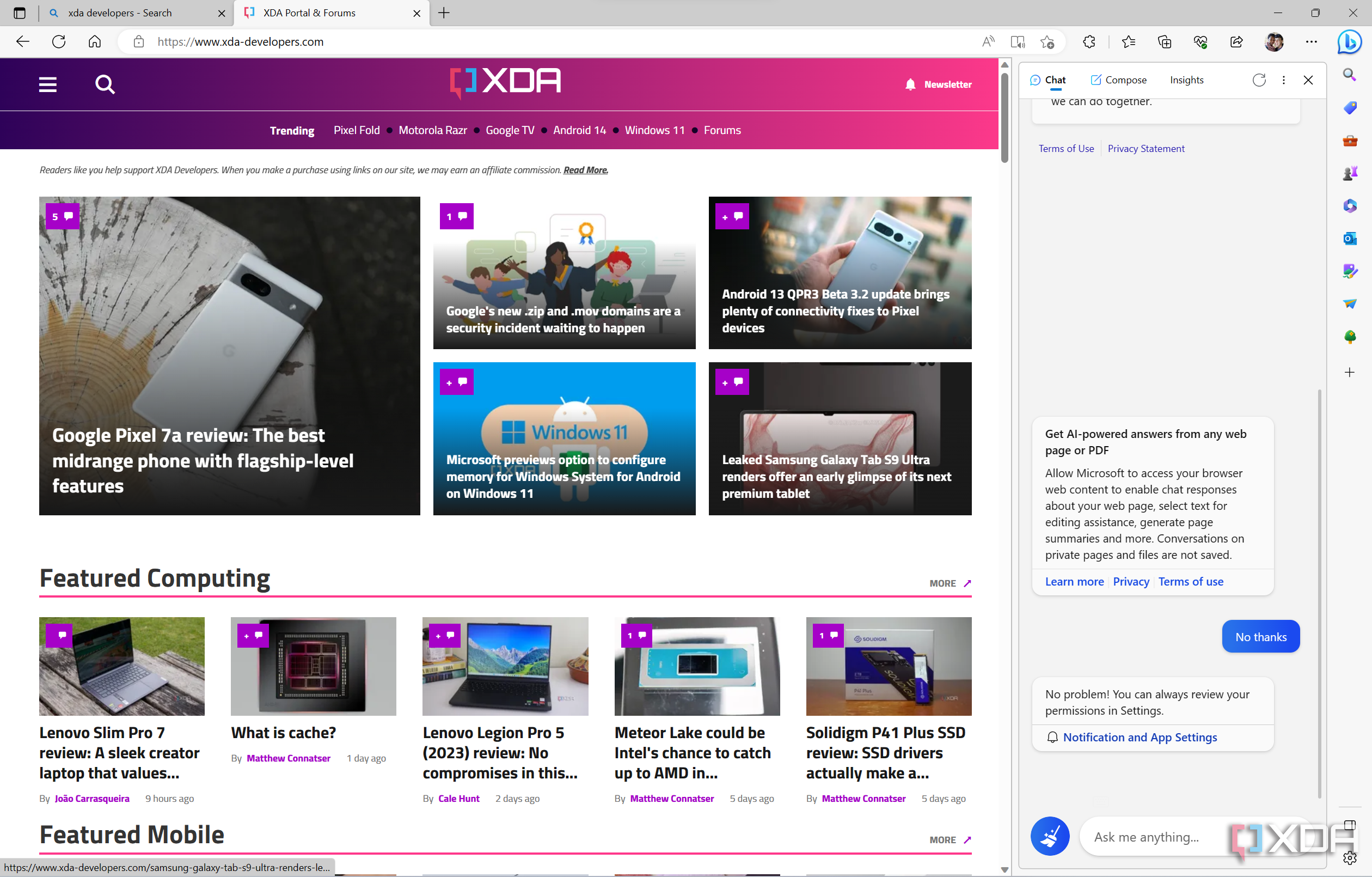 Screenshot of Microsoft Edge showing the XDA homepage and the Bing sidebar open on the Compose panel