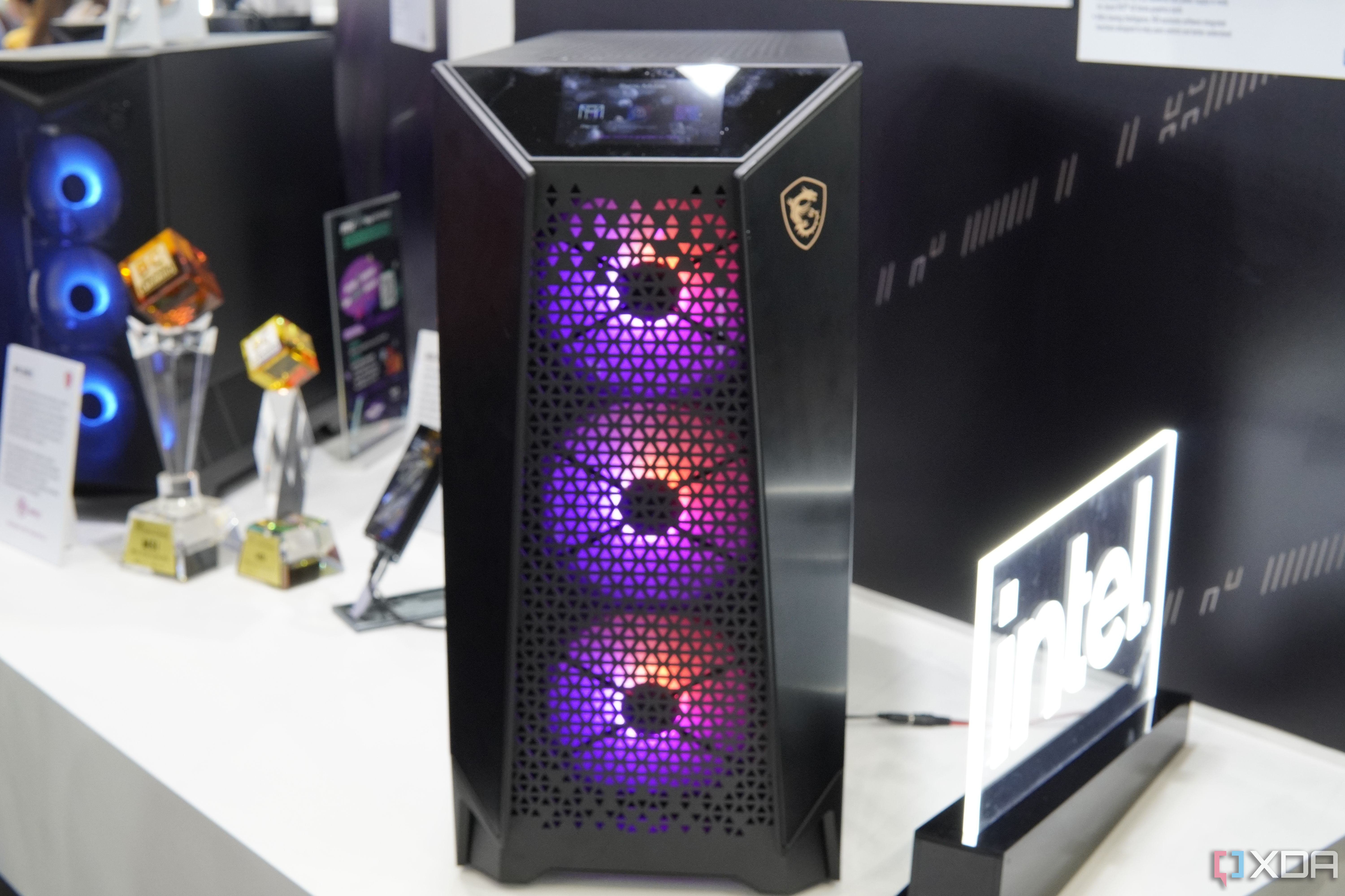 Front view of an MSI MEG desktop PC case with RGB fans at the front
