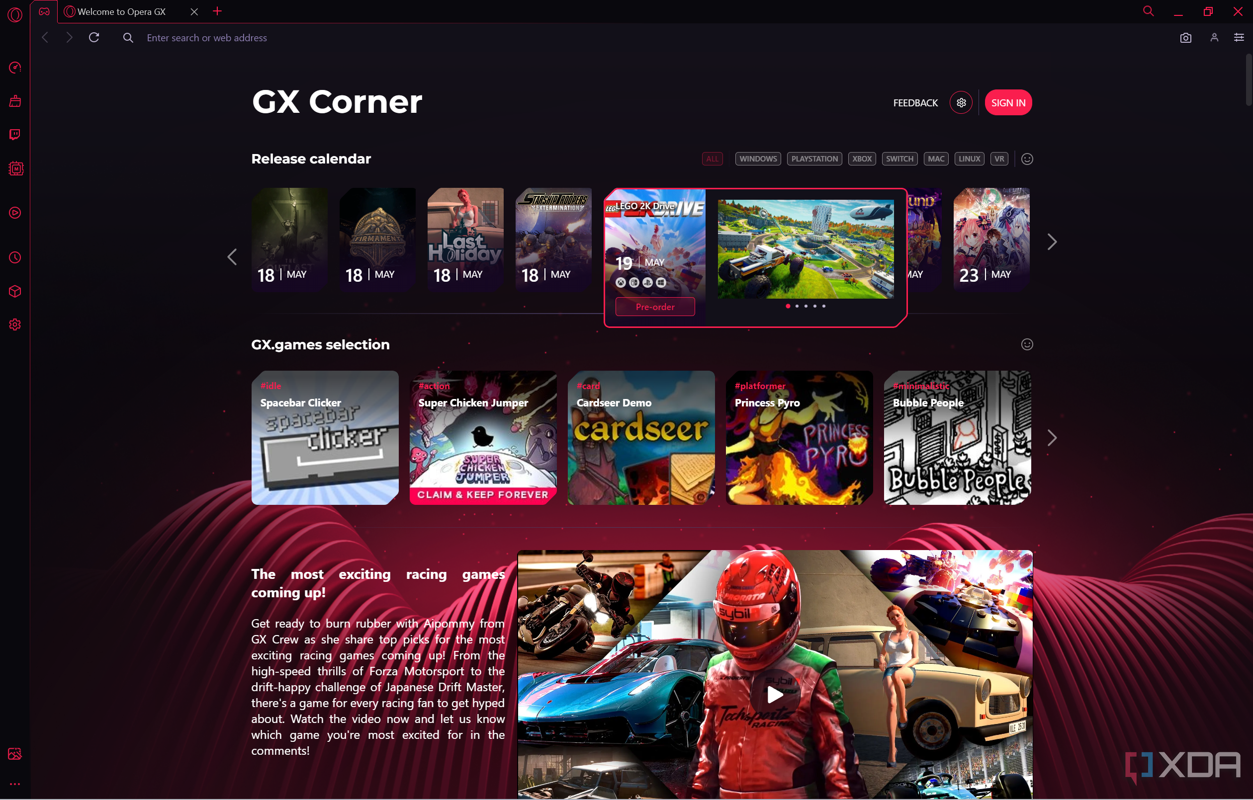 Screenshot of GX corner in Opera GX browser