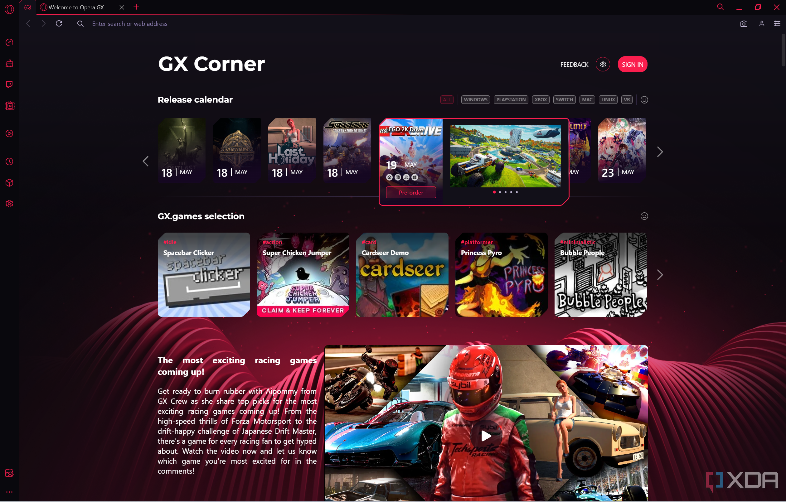 Screenshot of the GX Corner in the Opera GX browser