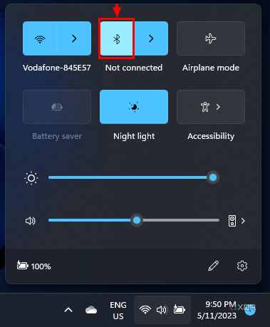 Captura de pantalla de las acciones rápidas con el botón Bluetooth resaltado