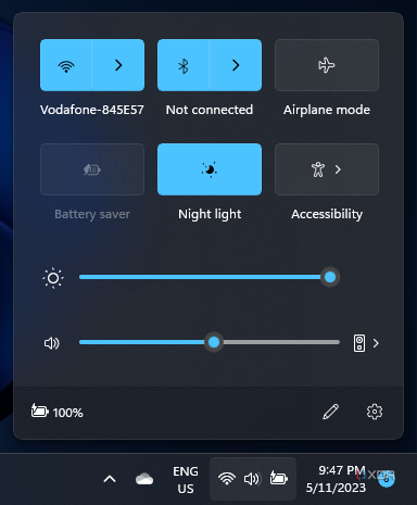 Captura de pantalla del panel de Acciones rápidas en Windows 11