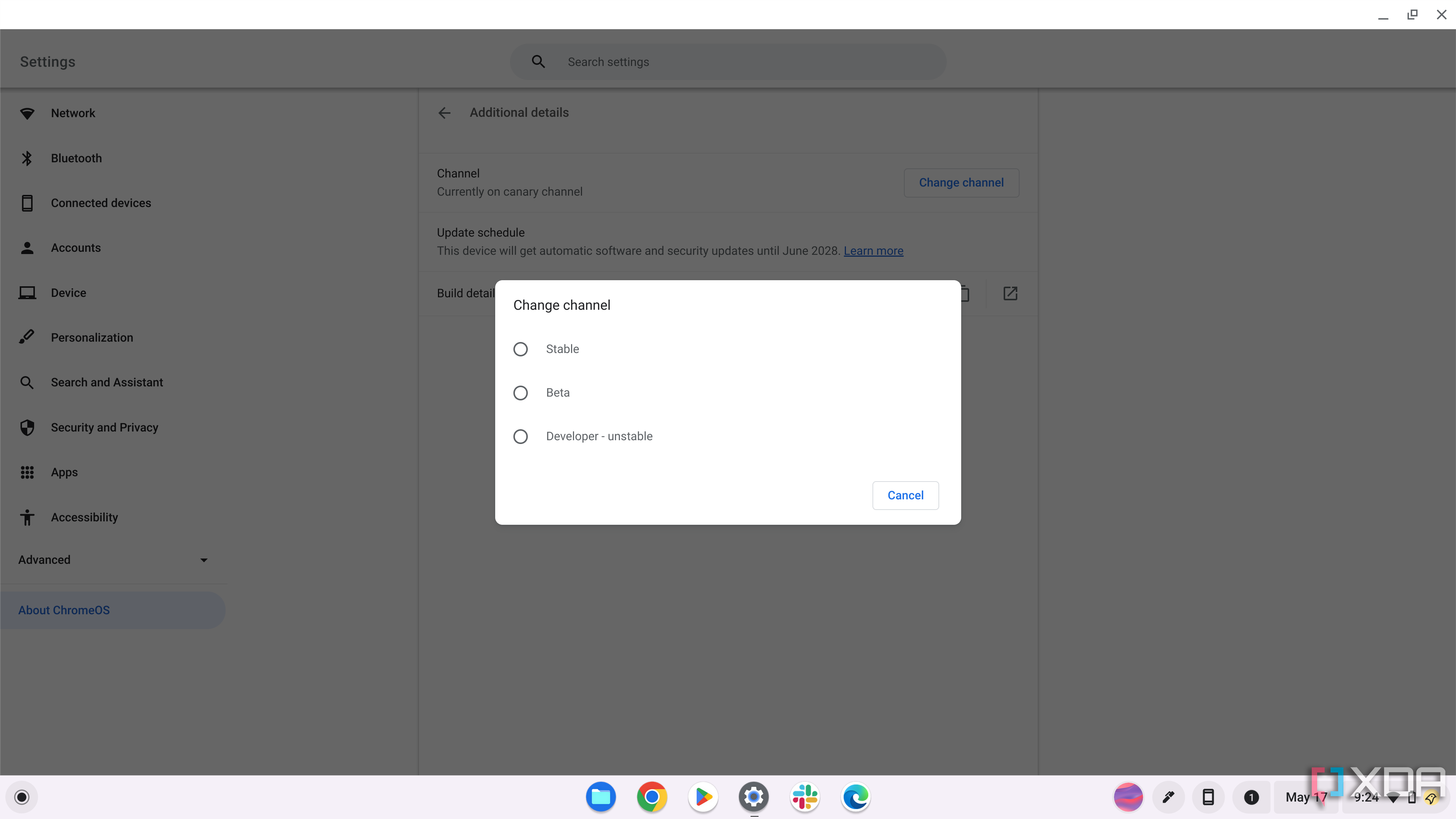 The option to switch channels in ChromeOS