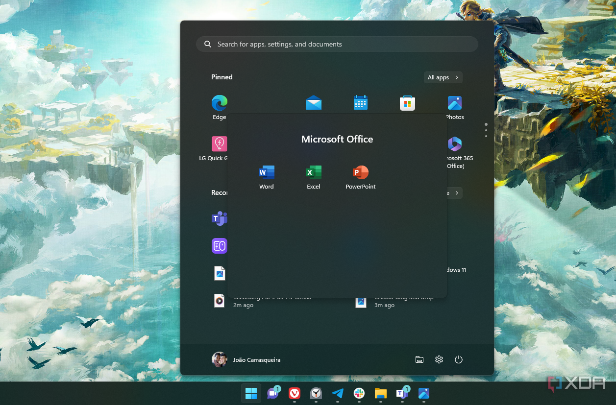 Screenshot für das Startmenü von Windows 11 mit geöffnetem Ordner