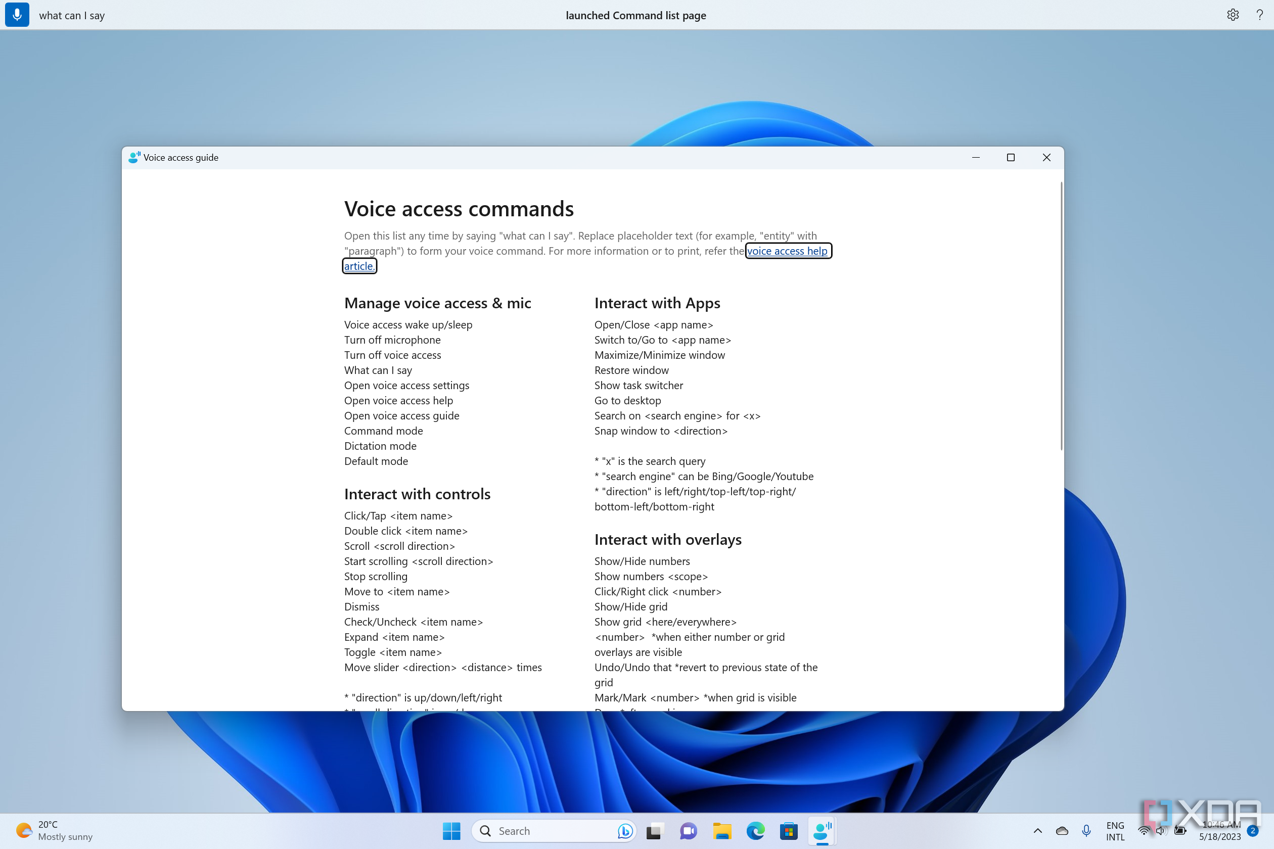 Screenshot of the Windows 11 desktop with Voice Access enabled and showing a list of Voice Access commands