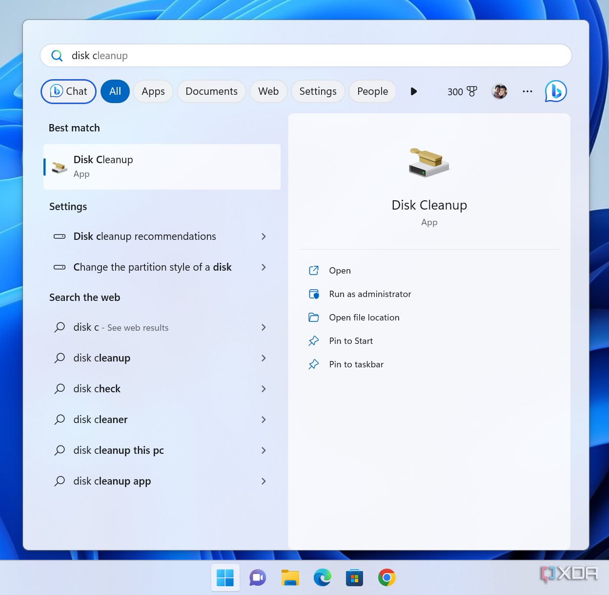 Screenshot of Windows 11 search results showing Disk cleanup as the top result