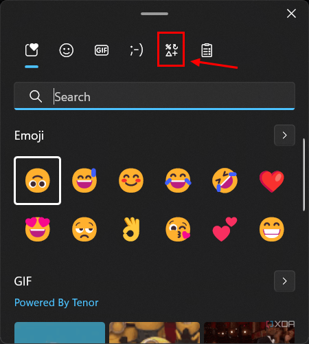 Screenshot of the Windows 11 emoji panel with the symbols tab highlighted with a red square