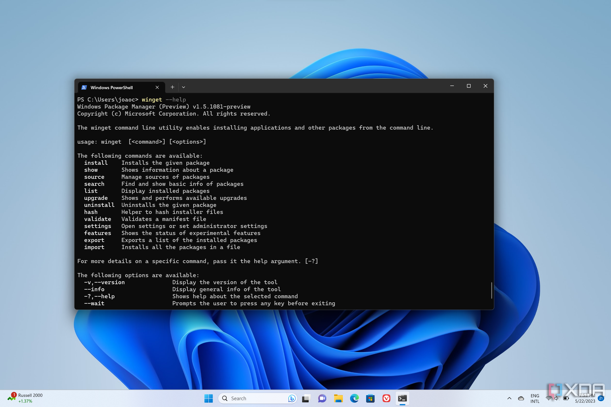 Screenshot del desktop Windows 11 che esegue Windows Terminal, che mostra un elenco di comandi disponibili in Gestione pacchetti di Windows