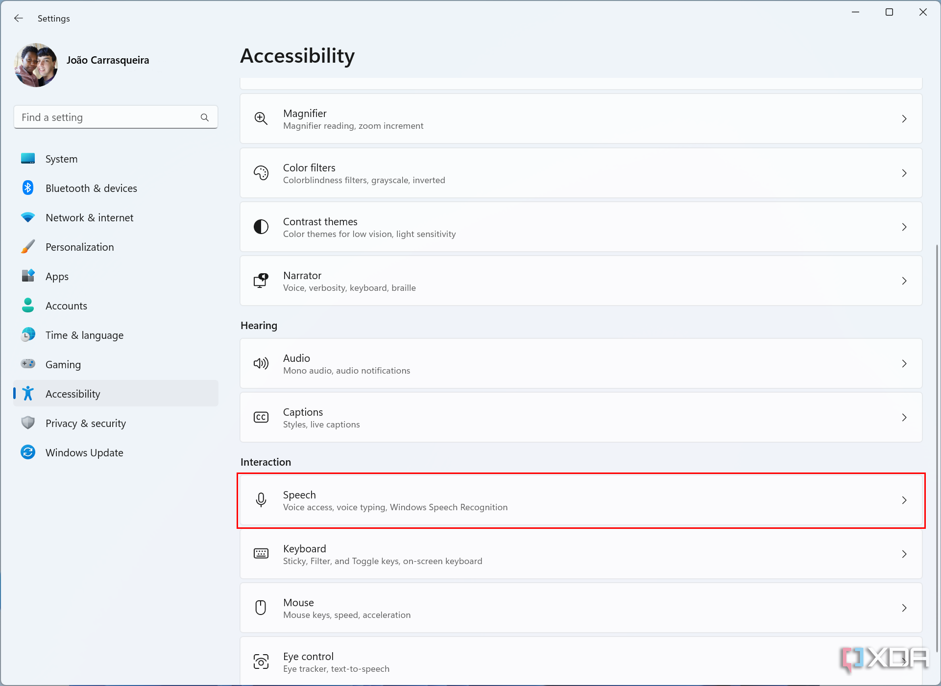 Screenshot of the Accessibility page in the Windows 11 Settings app. The Speech button is highlighted