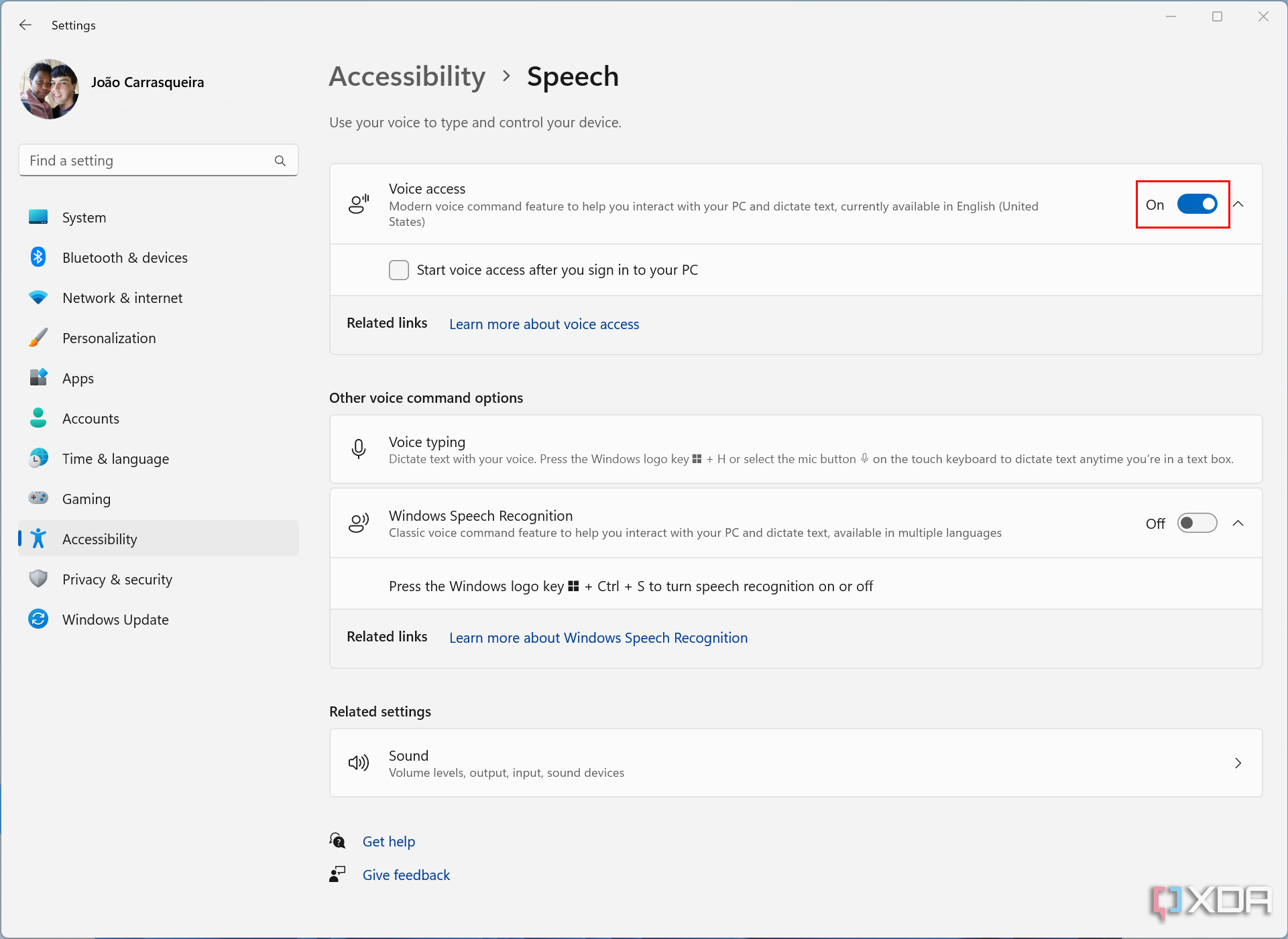 Screenshot of setting up speech access in Windows 1 with Voice Access turned on