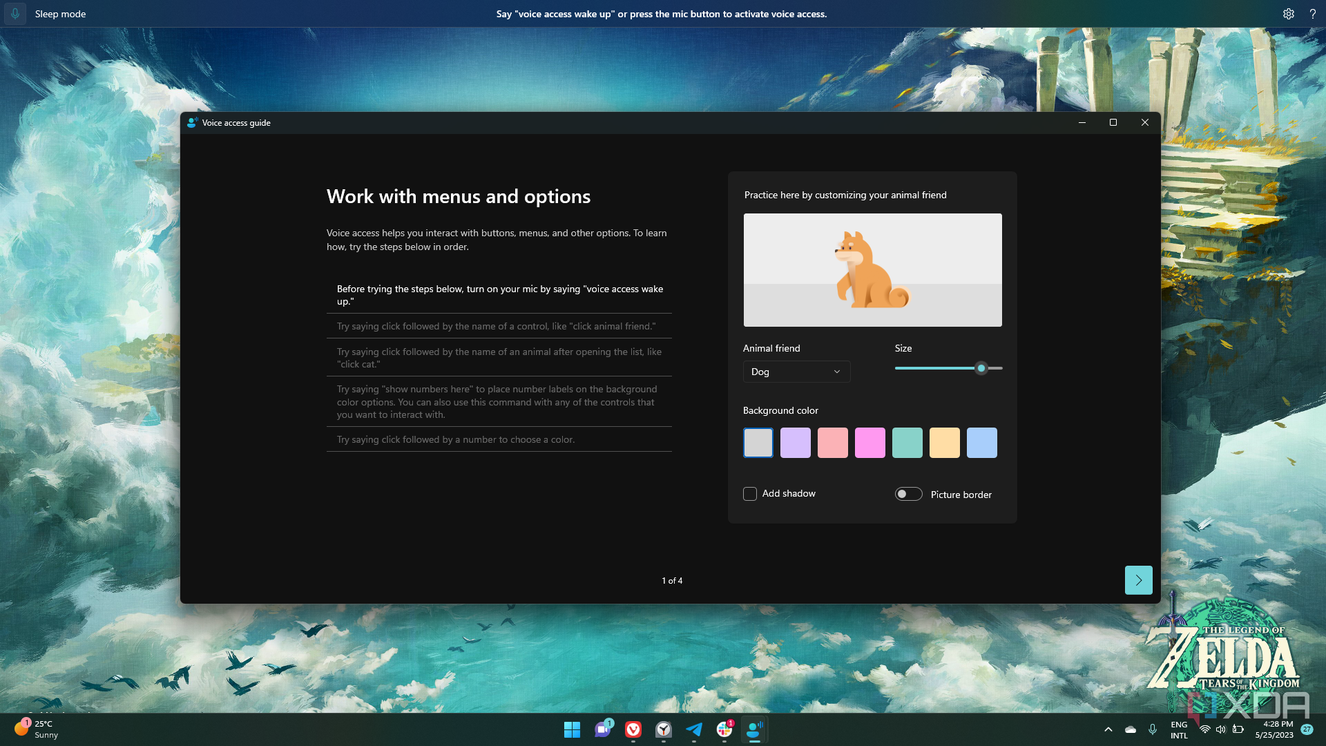 Screenshot von Windows 11 mit aktivem Sprachzugriff und geöffneter Sprachzugriffsanleitung