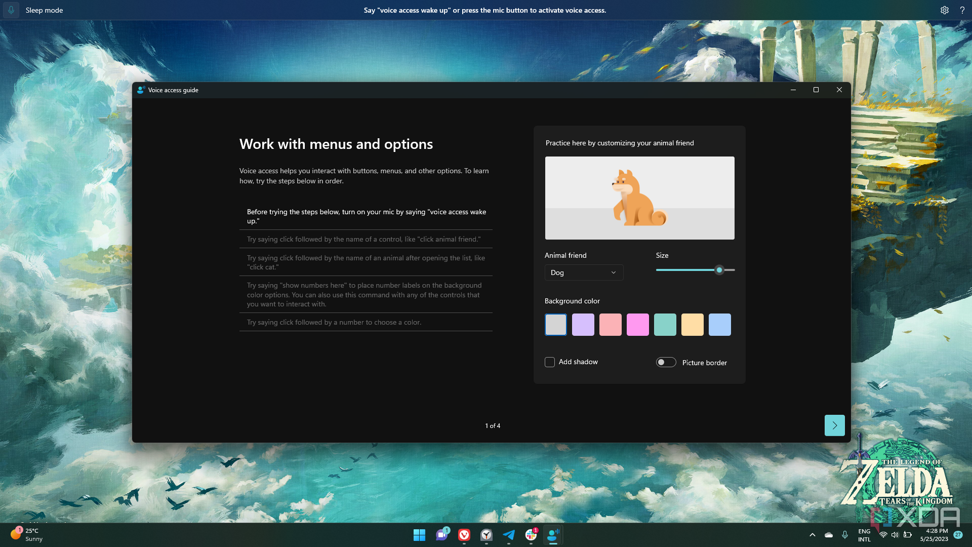 Screenshot of Windows 11 with voice access active and the voice access guide open