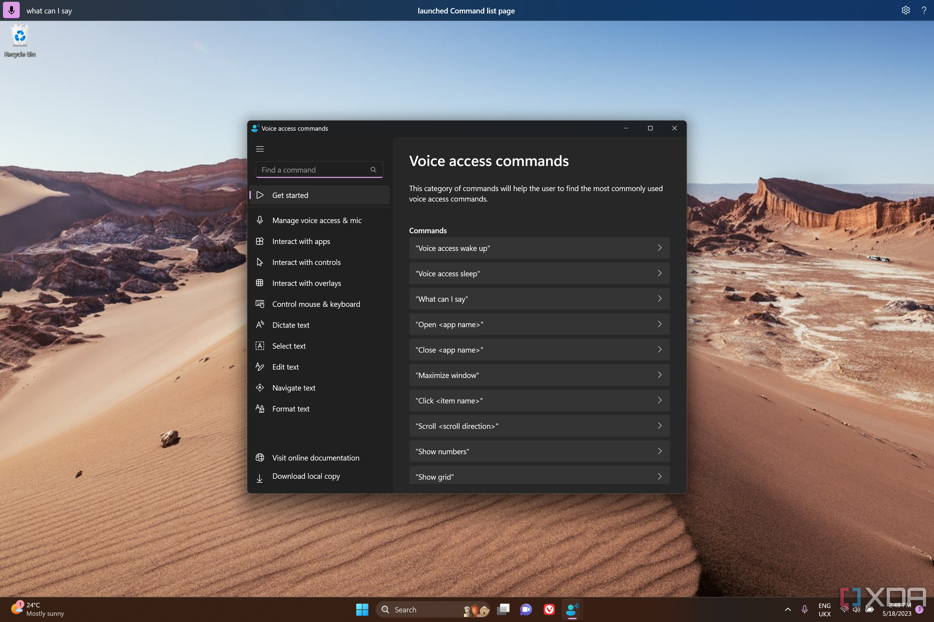 Screenshot of a Windows 11 desktop showing the voice access command list and toolbar