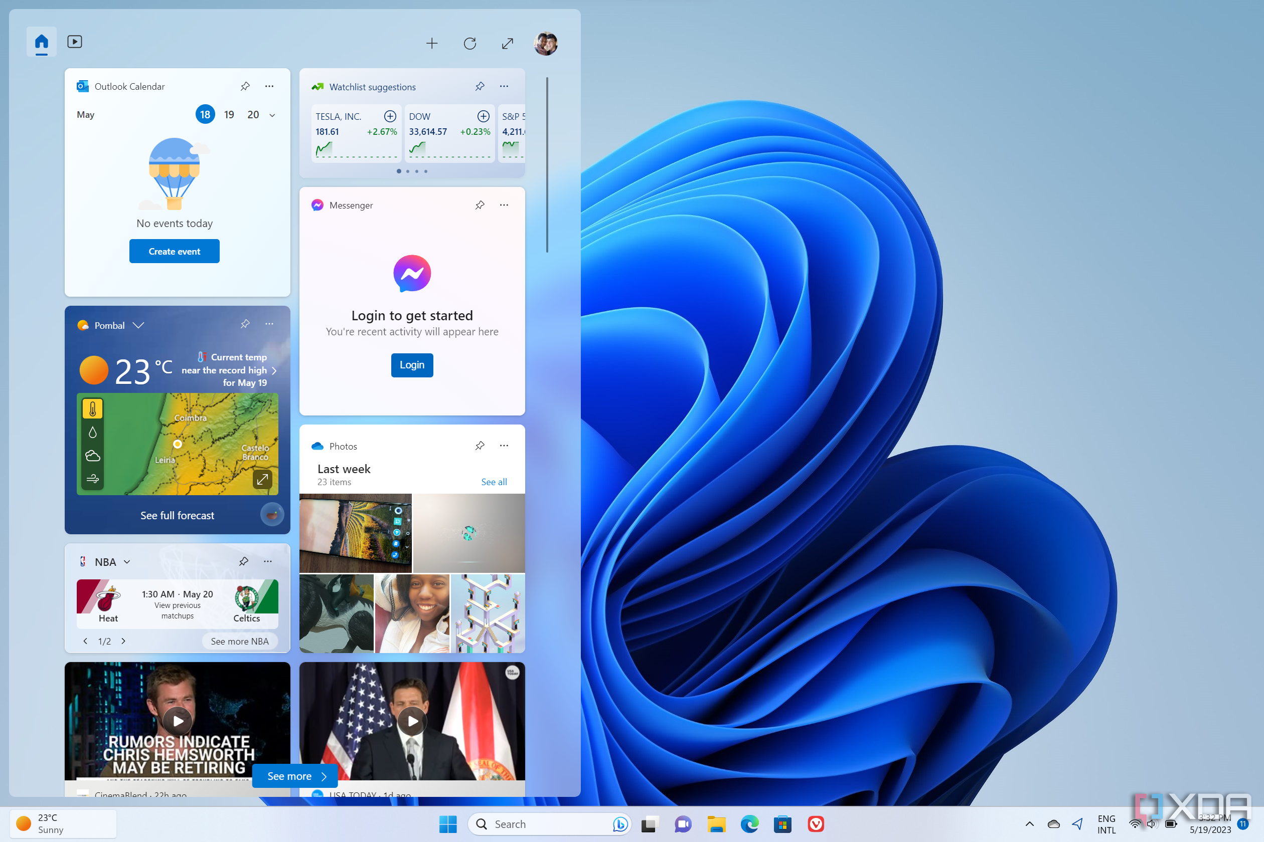 Screenshot of the Windows 11 desktop with the Widgets board open