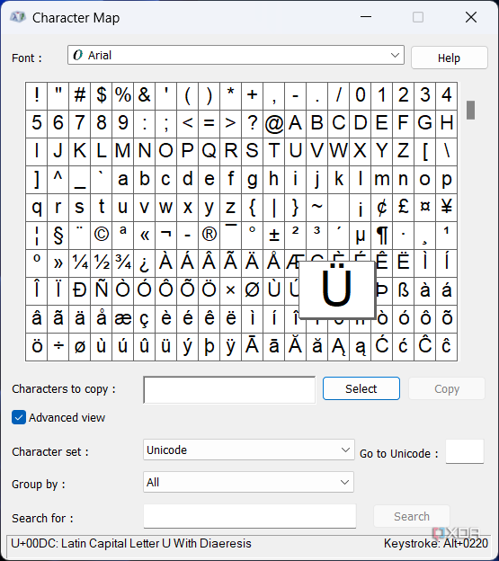 Screenshot of the Windows Character Map, with U character with a umlaut selected