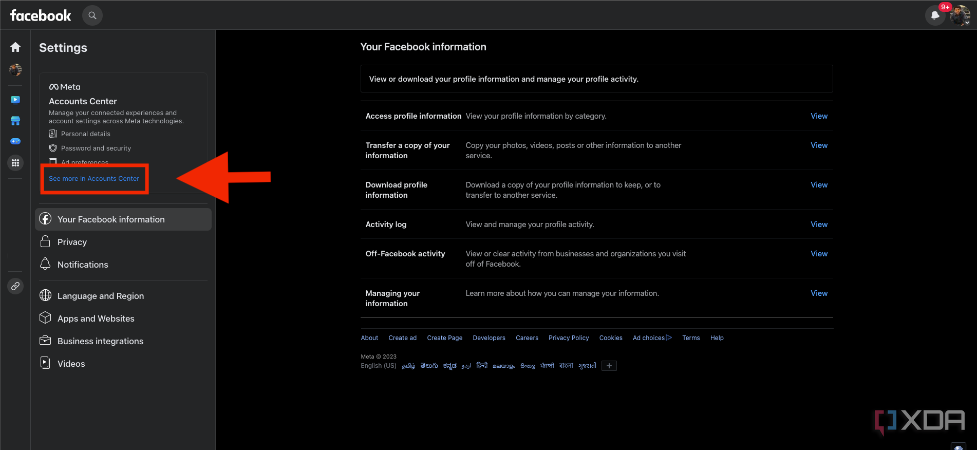 A screenshot showing the account information page in Facebook.