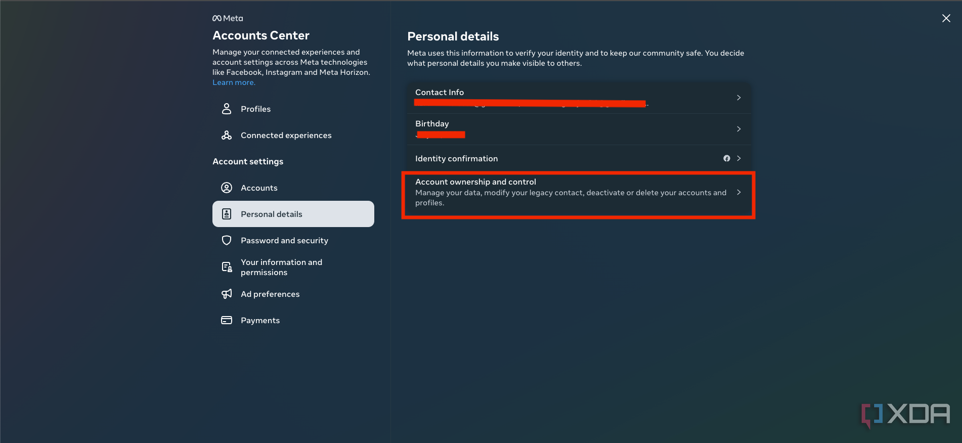 A screenshot showing the account ownership settings in Facebook.