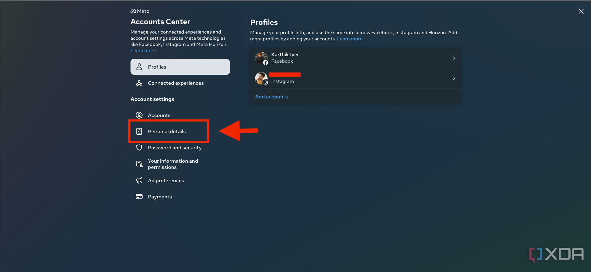 A screenshot showing the accounts center page in Facebook.
