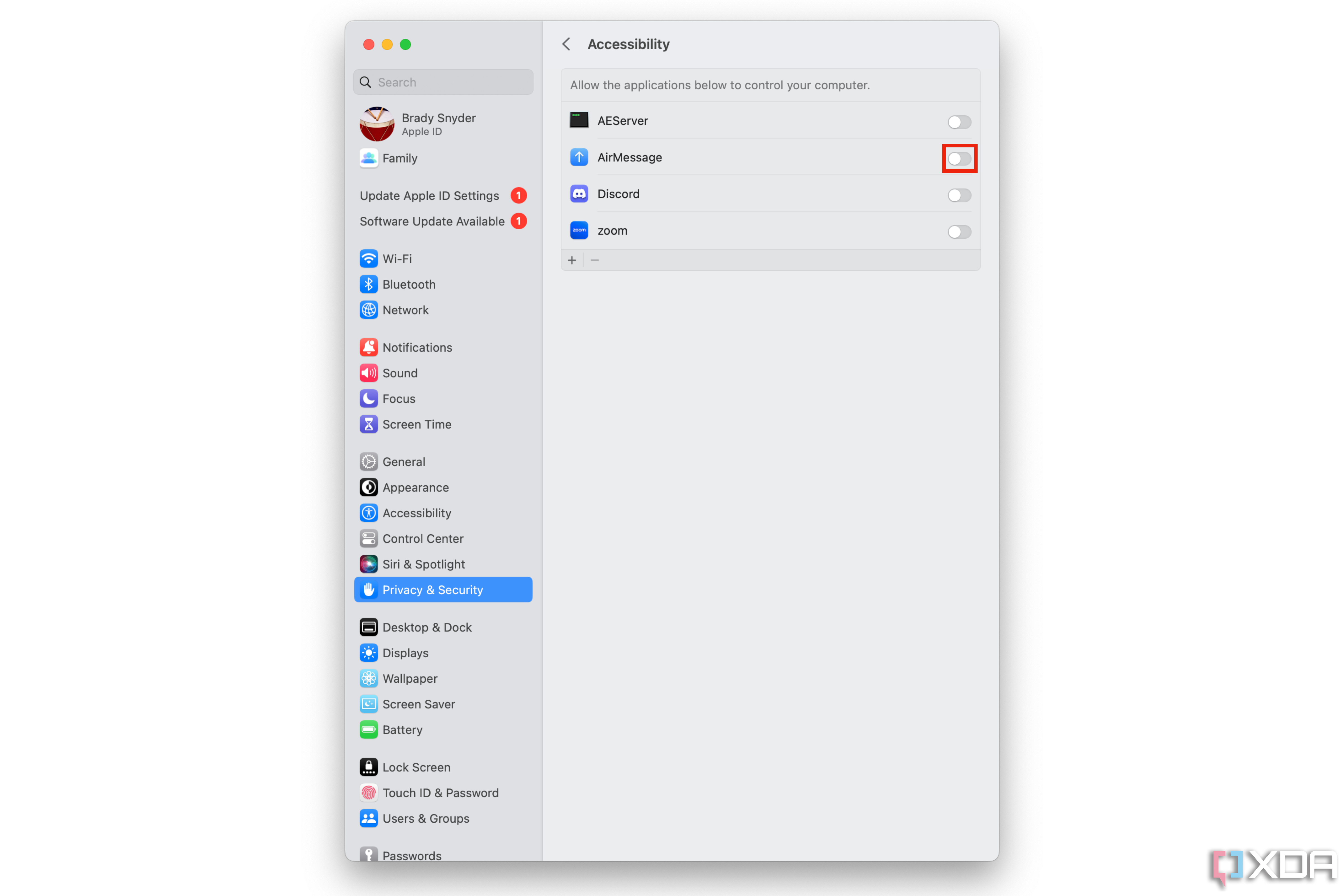 El interruptor de accesibilidad para AirMessage en la configuración del sistema.