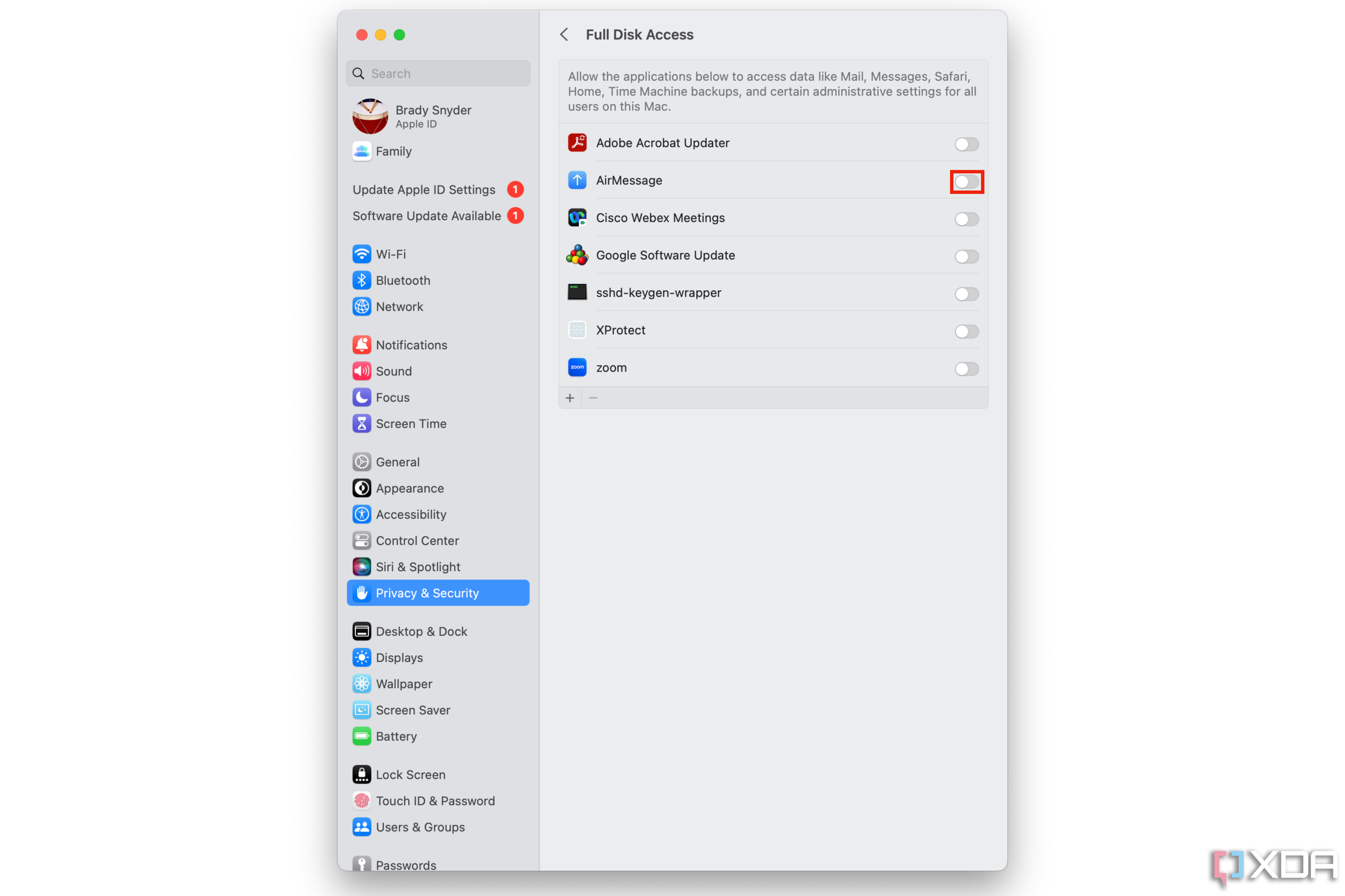 Activa o desactiva el acceso completo al disco para AirMessage en la configuración del sistema.