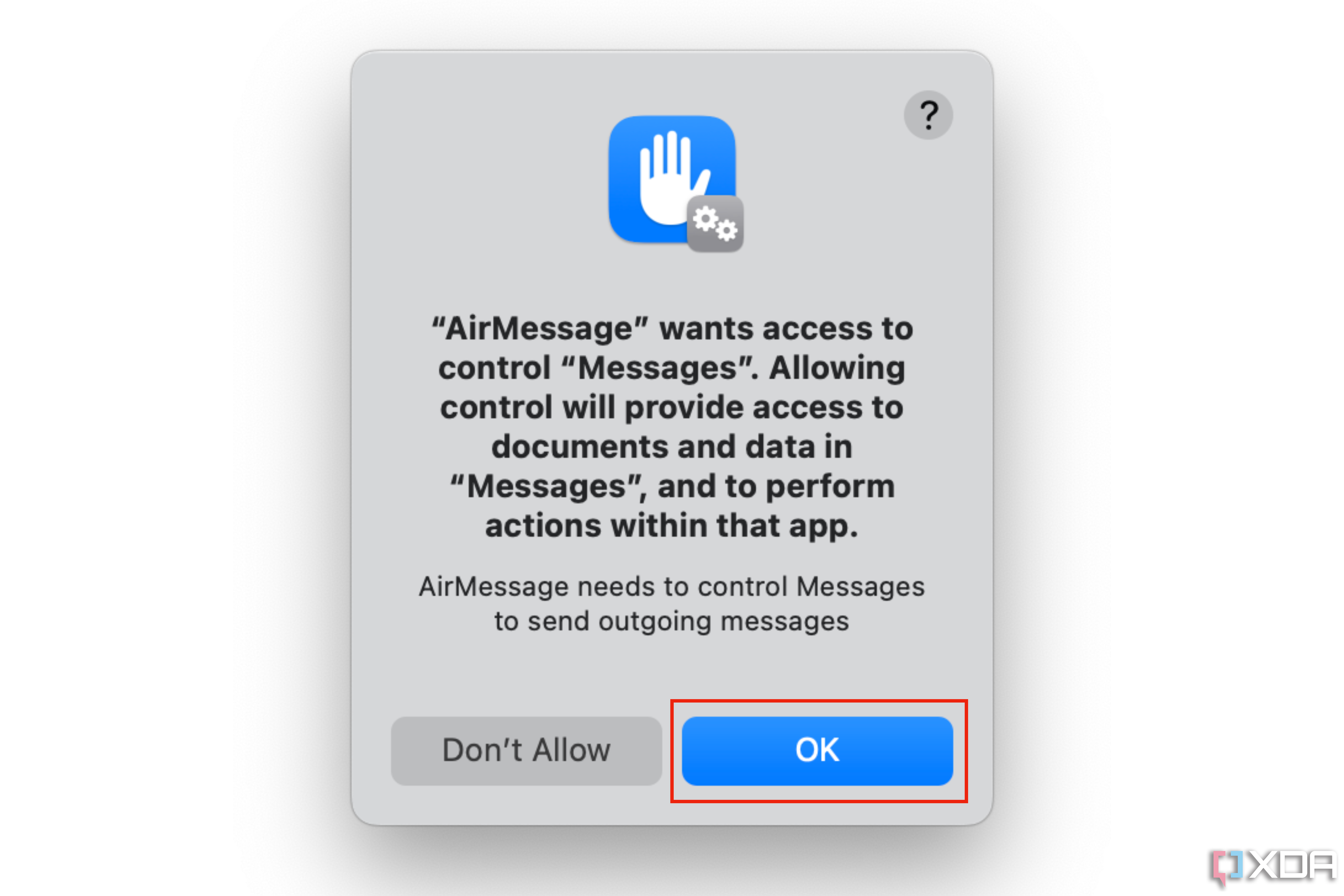 La configuración de seguridad que permite a AirMessage controlar los mensajes.