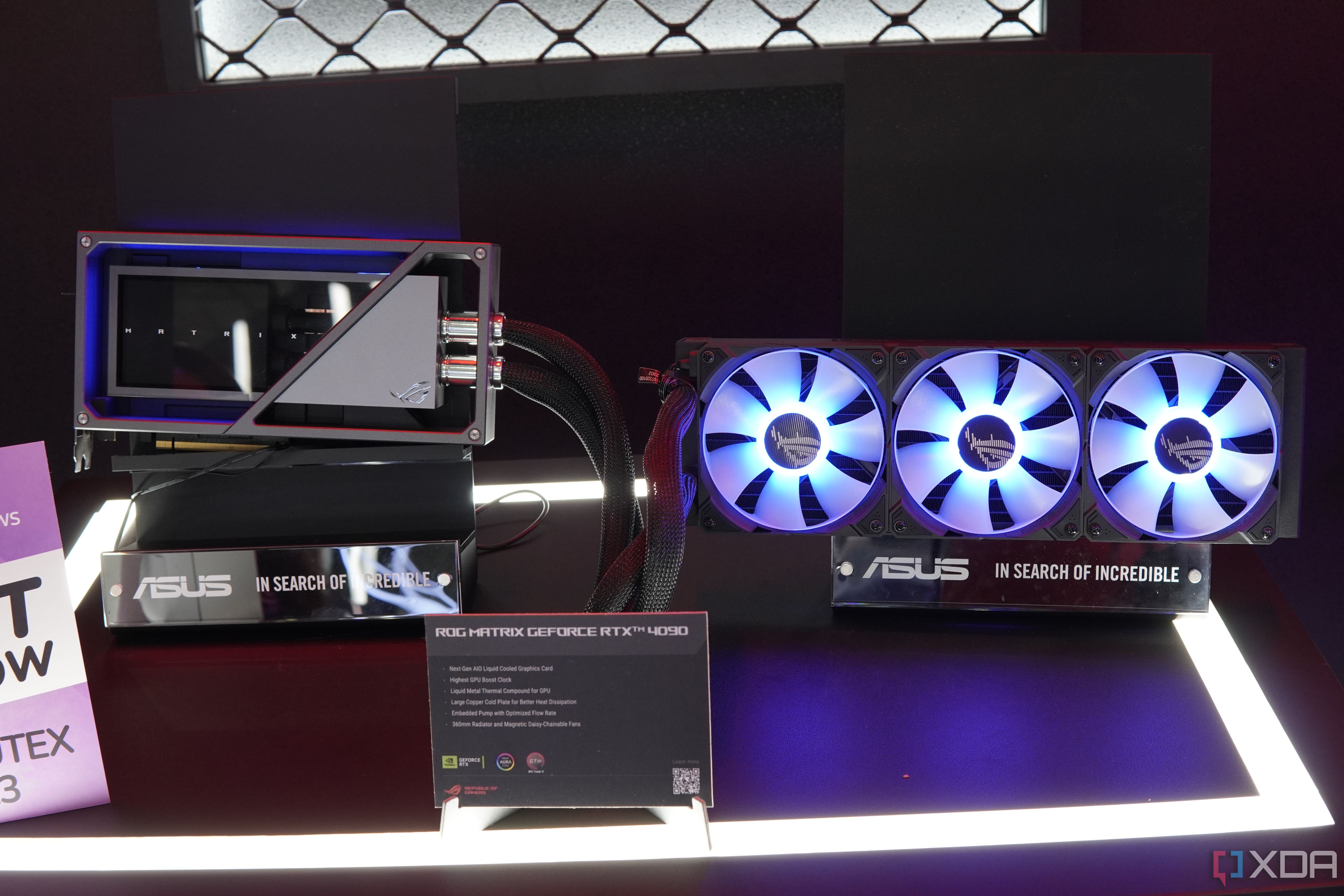 Front view of the Asus ROG Matrix GeForce RTX 4090 and the cooling radiator