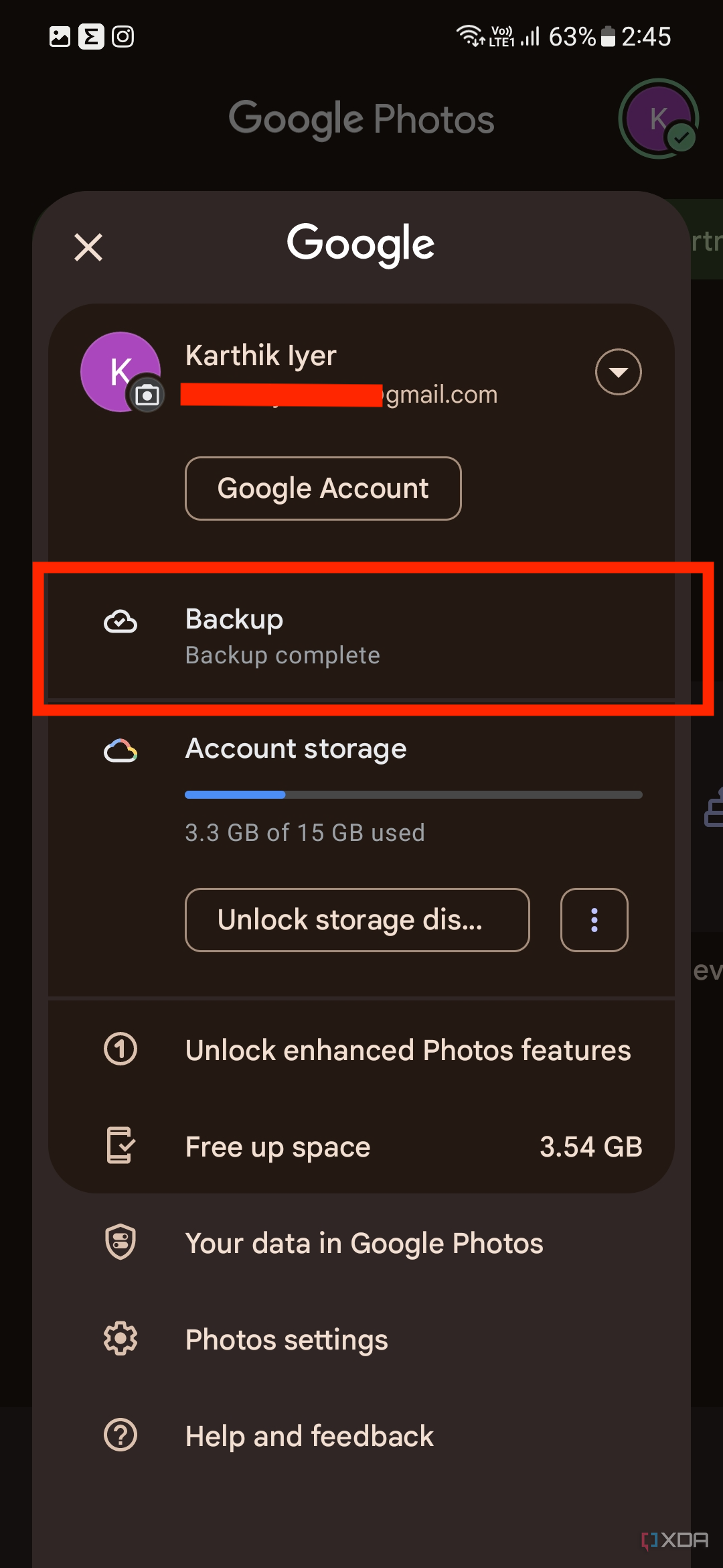 A screenshot showing the highlighted backup complete message in Google Photos.