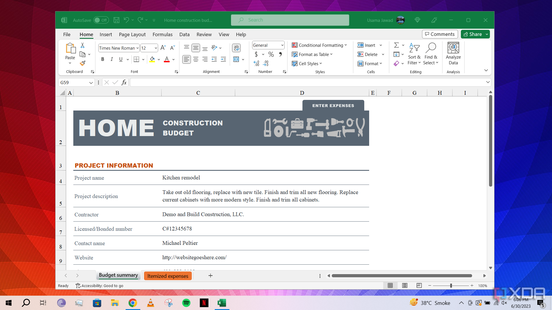 Microsoft Excel open on Windows 10 desktop