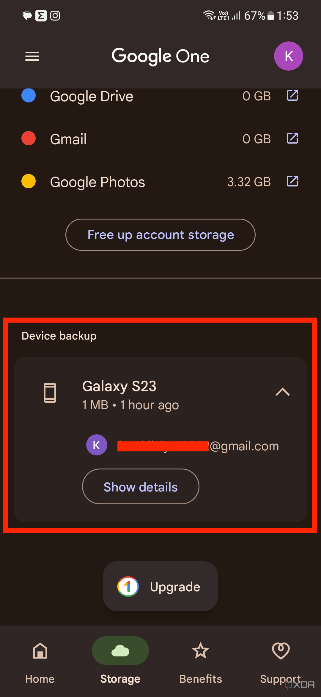 A screenshot showing the highlighted Backup preview card in Google One.