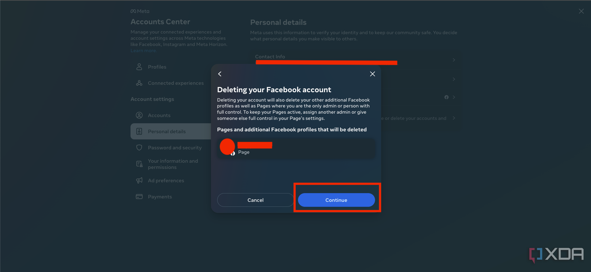 A screenshot showing the final confirmation to delete account in facebook.