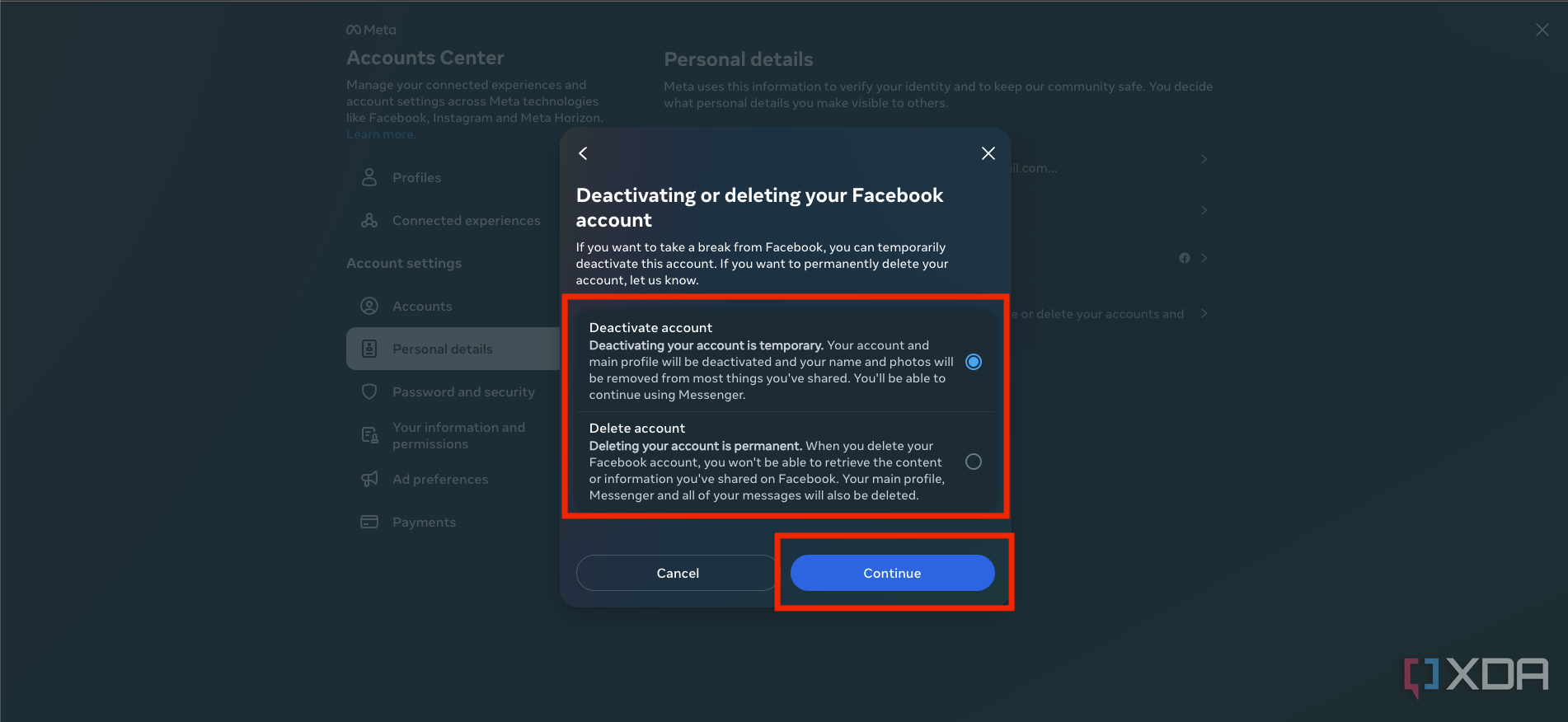 A screenshot showing the final confirmation to delete or deactivate account in facebook.