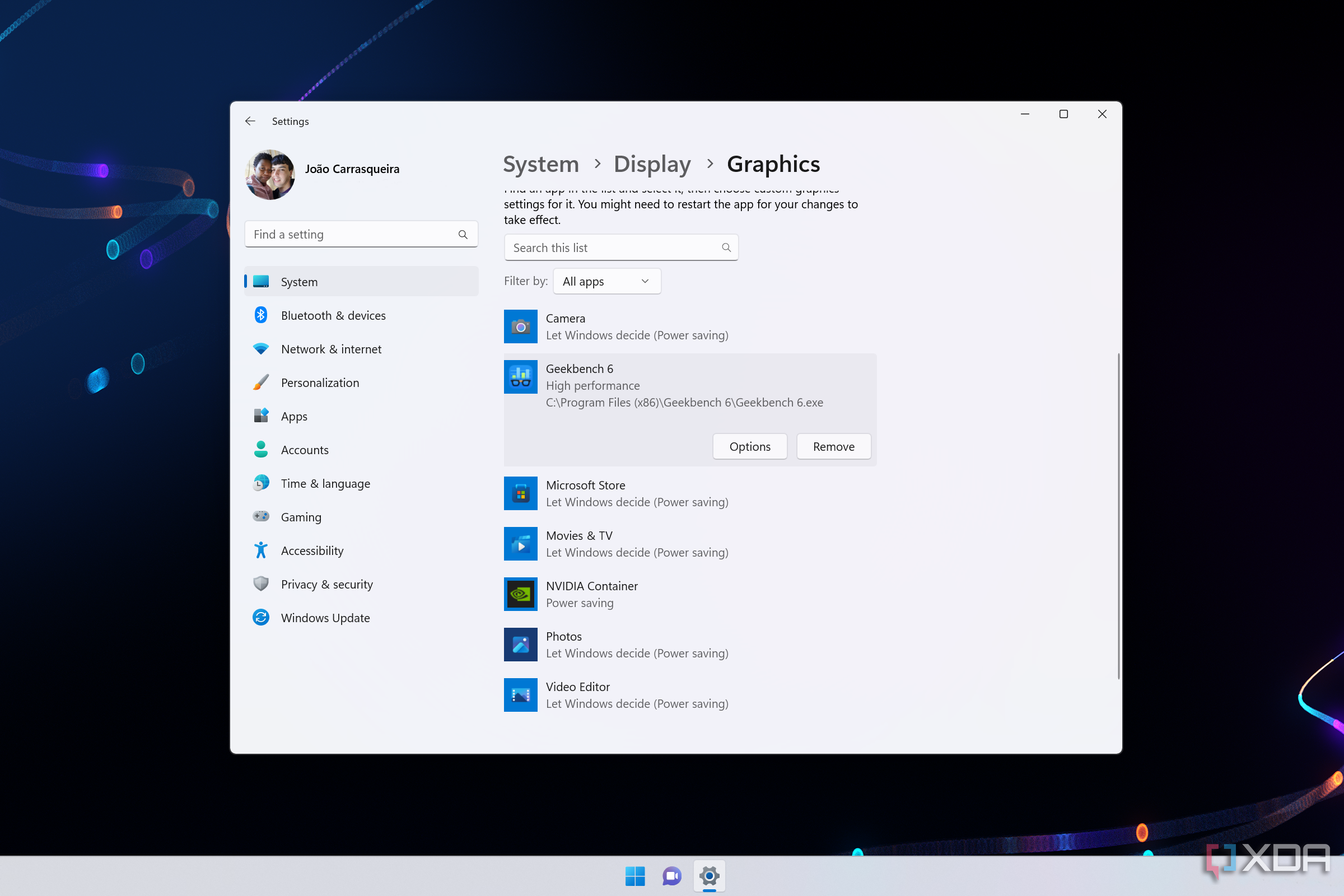 Screenshot of the Graphics page in the Windows 11 Settings app open over the desktop background