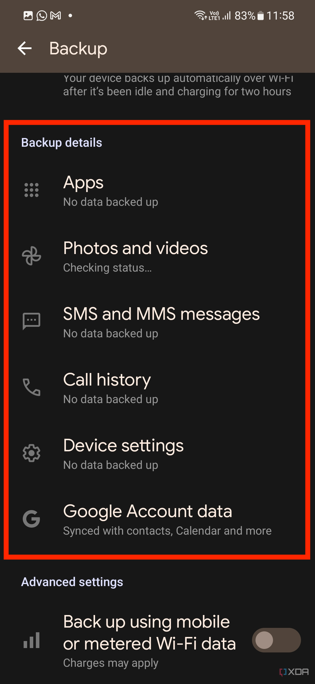 A screenshot showing the backup details in Google One app on Android.