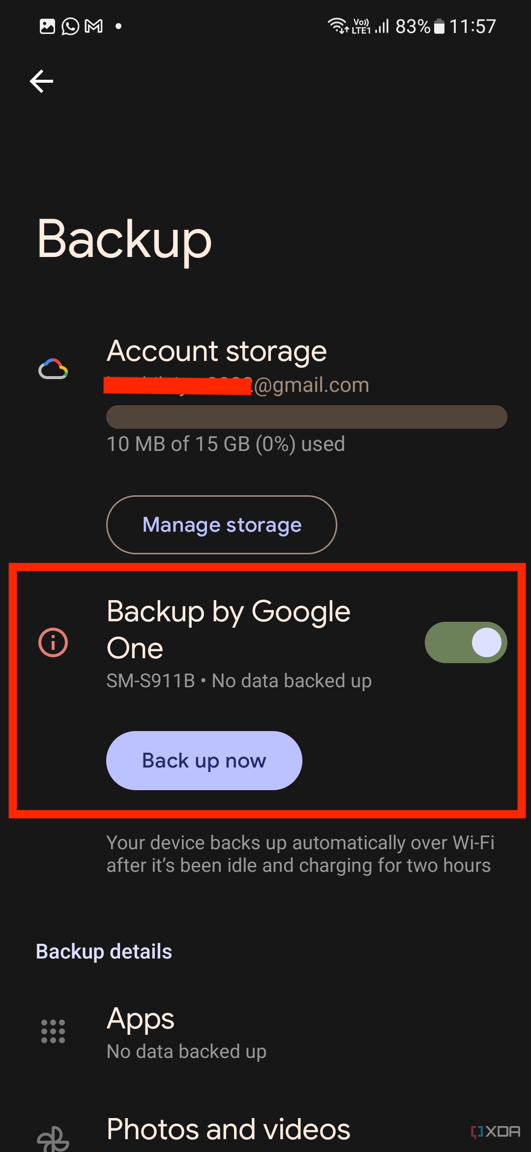 A screenshot showing the "Back up now" button in Google One.