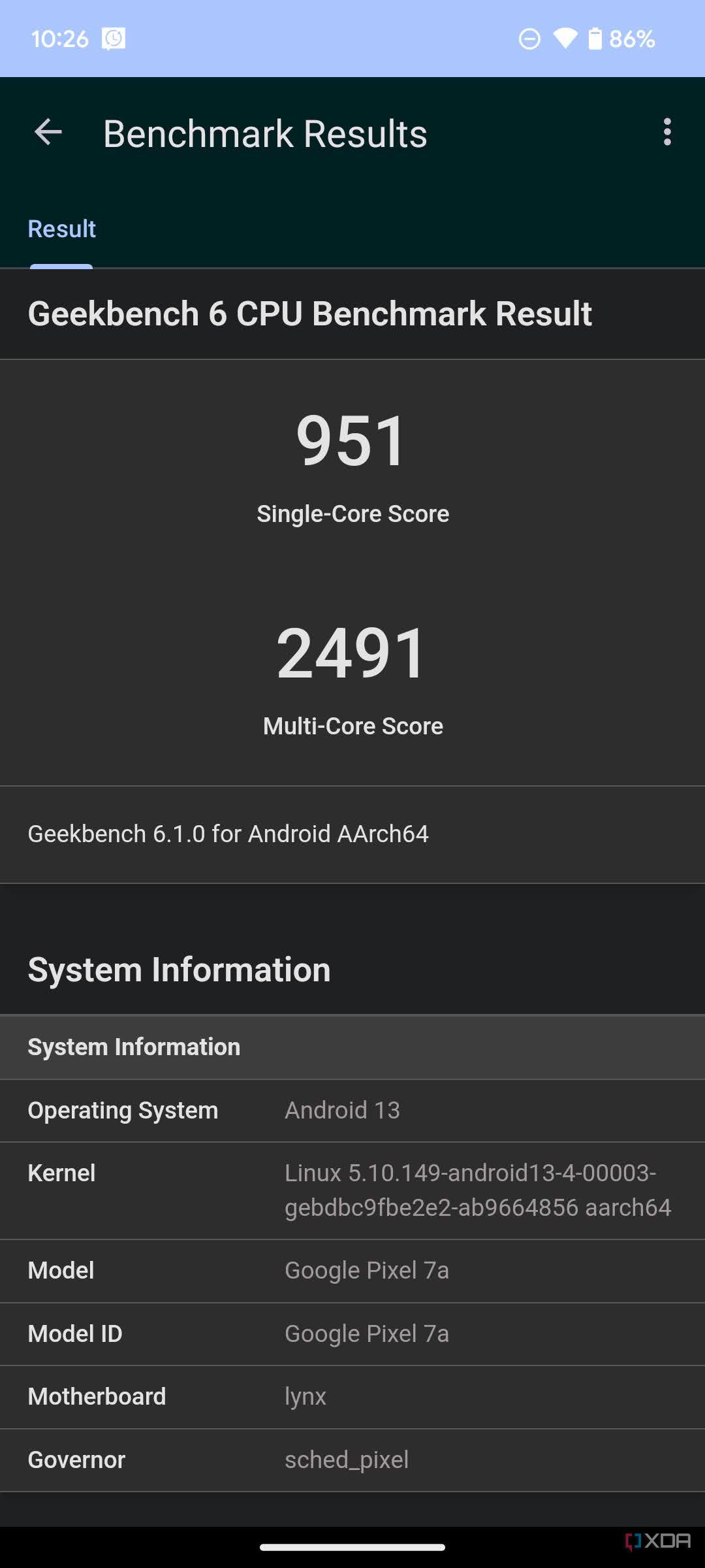 Geekbench 6 results for Google Pixel 7a