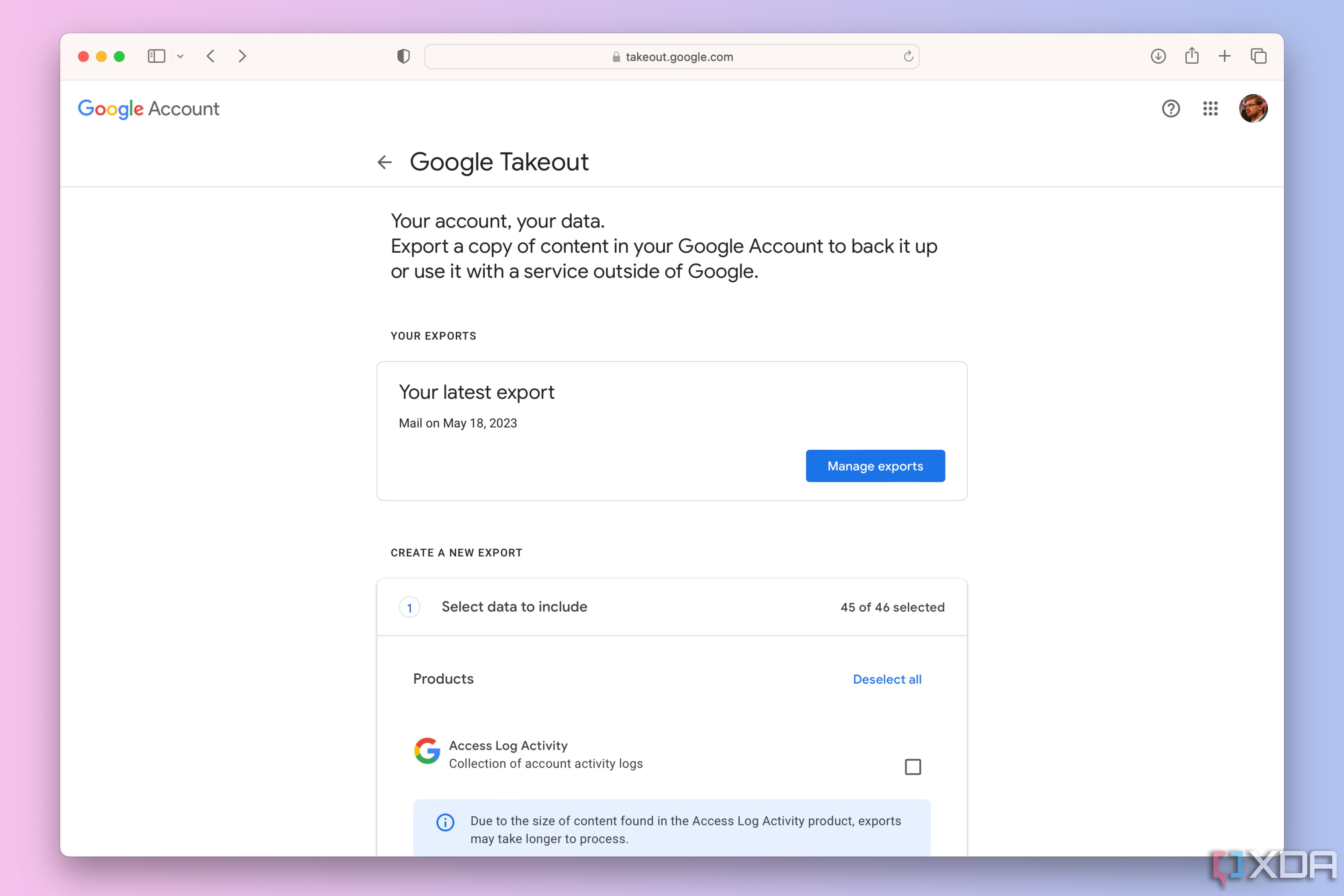 La página de destino de Google Takeout sobre un fondo degradado.