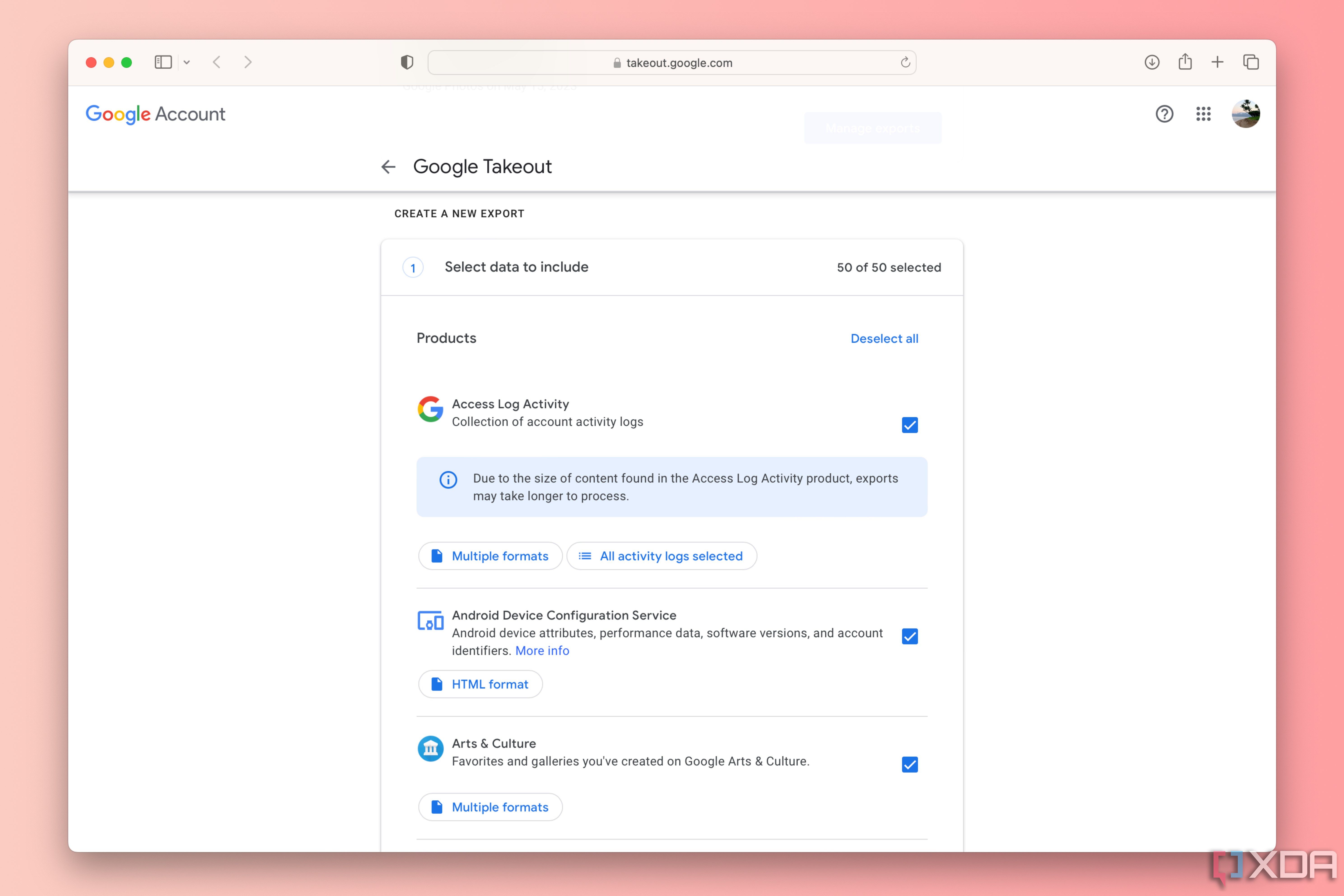 La página de Google Takeout que te permite seleccionar datos