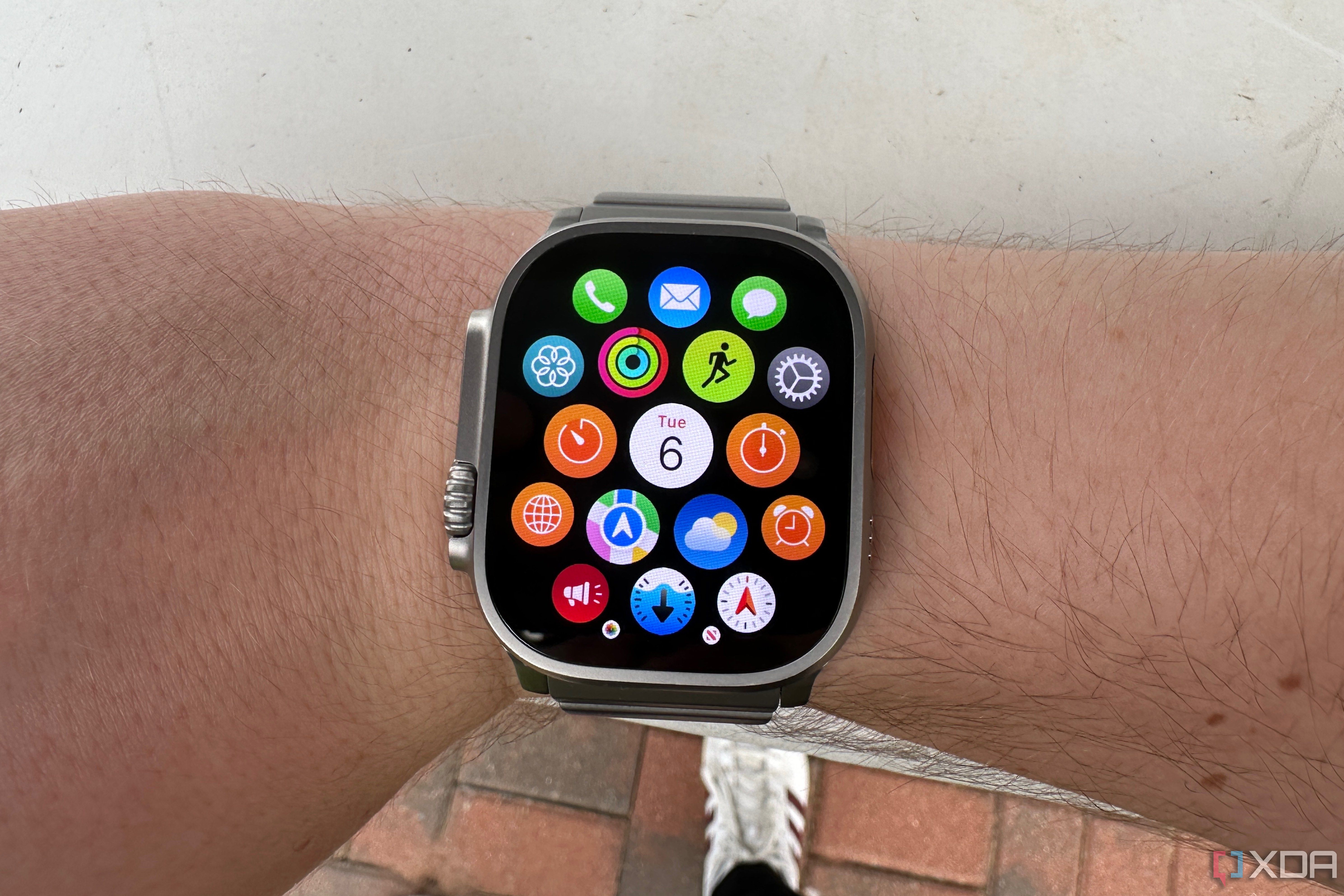 The Apple Watch Home Screen, featuring a new animation and larger app icons, on watchOS 10.