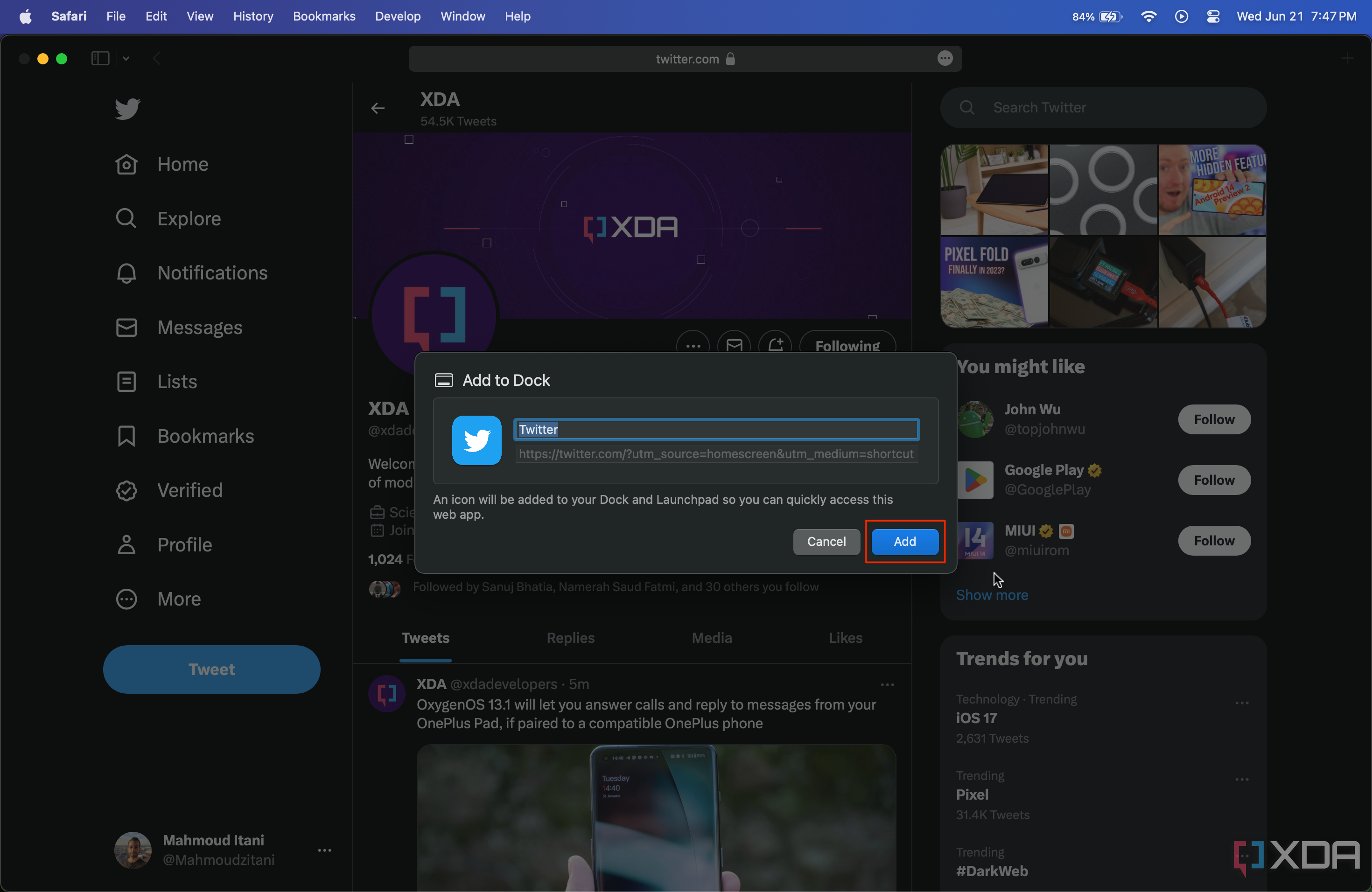 how to add web app to dock